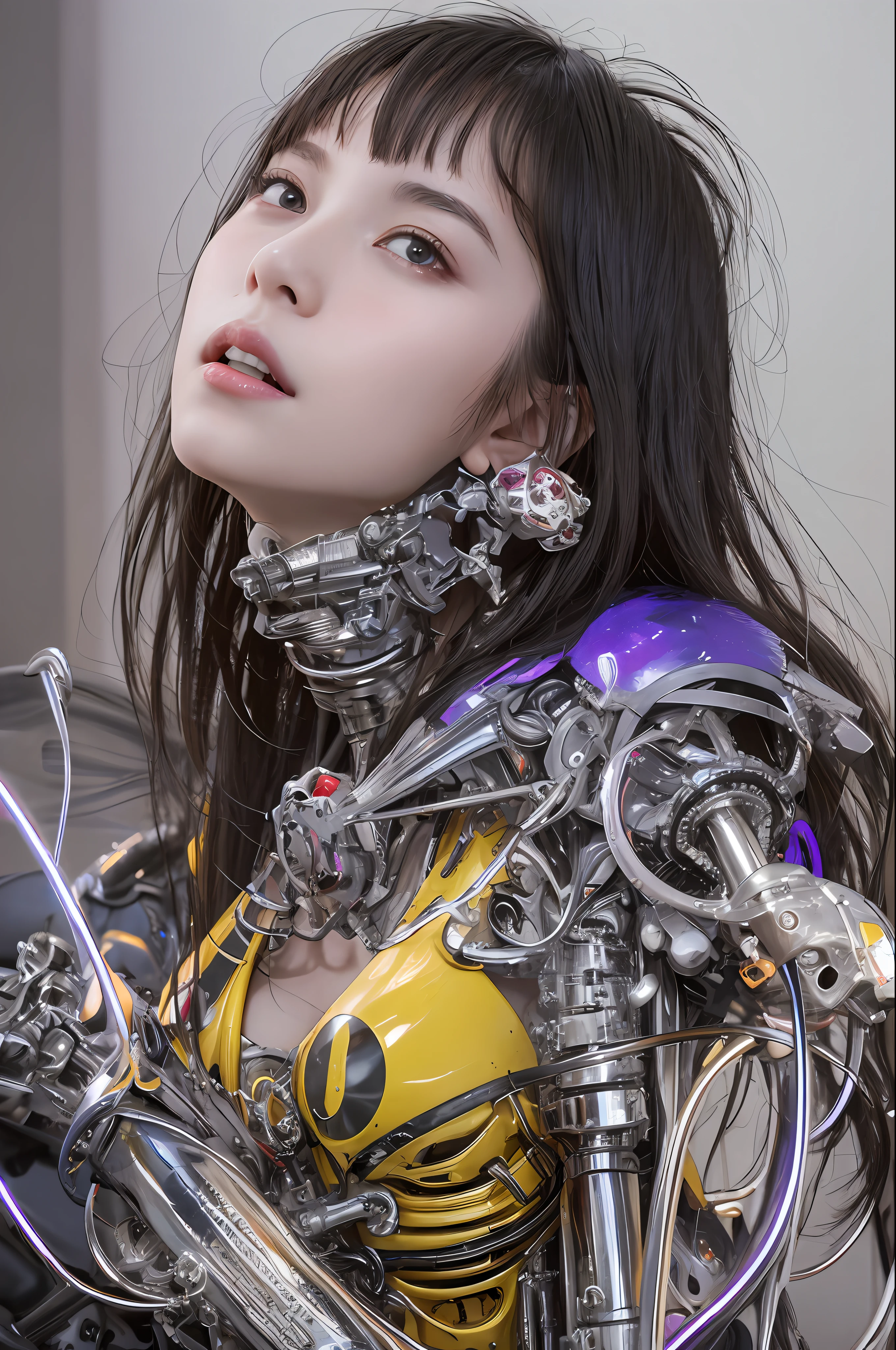 Top Quality, Masterpiece, Ultra High Resolution, (Photorealistic: 1.4), Raw Photo, 1 Girl, Black Hair, Glossy Skin, 1 Mechanical Girl, (Ultra Realistic Details)), Portrait, Global Illumination, Shadows, Octane Rendering, 8K, Ultra Sharp, Big, Cleavage Exposed Raw Skin, Metal, Intricate Ornament Details, Egyptian Details, Very intricate details, realistic light, CGSoation trend, purple eyes, glowing eyes, facing the camera, neon details, mechanical limbs, blood vessels connected to the tube, mechanical vertebrae attached to the back, mechanical cervical attachment to the neck, sitting, wires and cables connecting to the head, evangelion, small LED lamp,