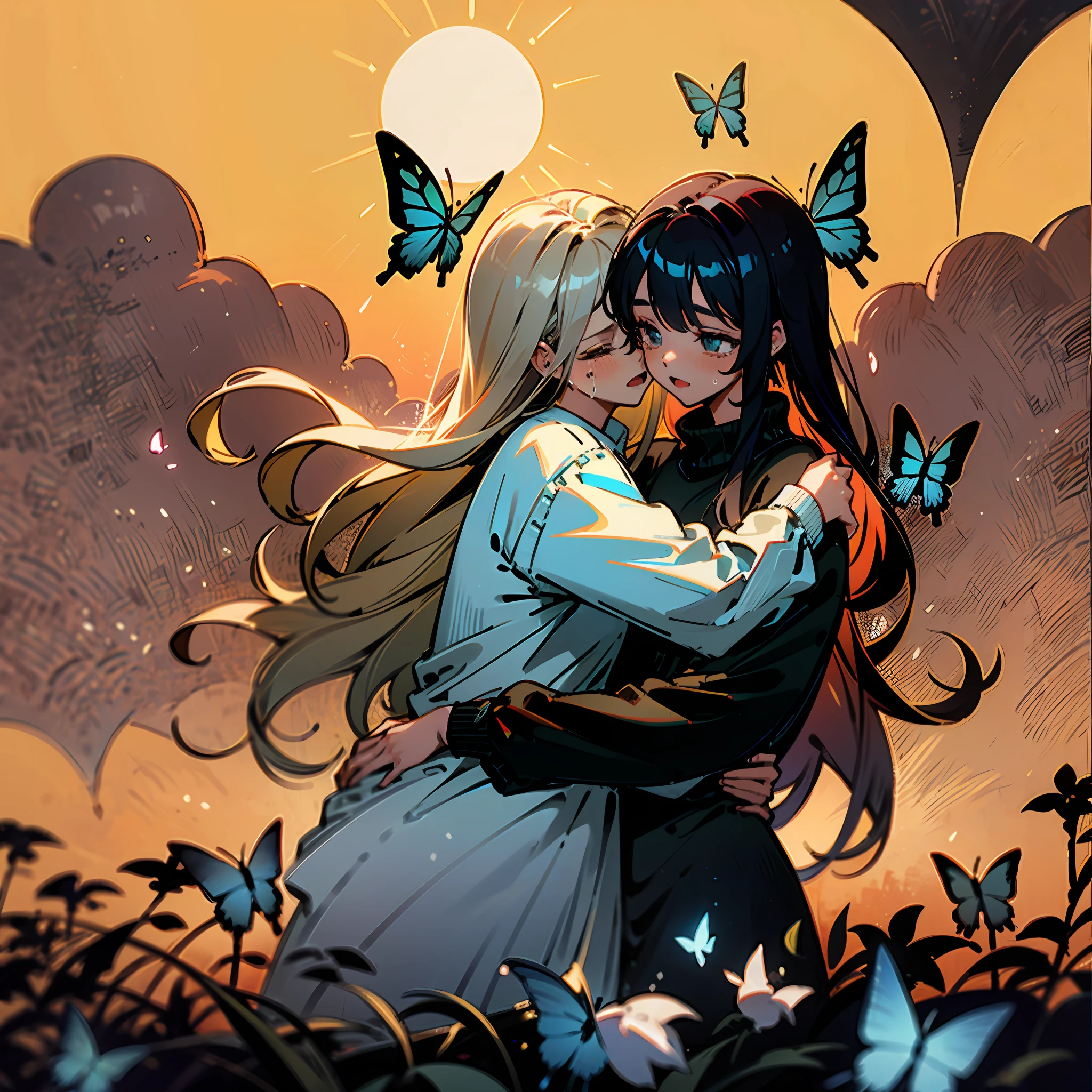 twogirls,cabelos preto e longos,hugs,One was wearing a white shirt,One was wearing a black sweatshirt,the setting sun,blue butterflies,golden flowers,All crying