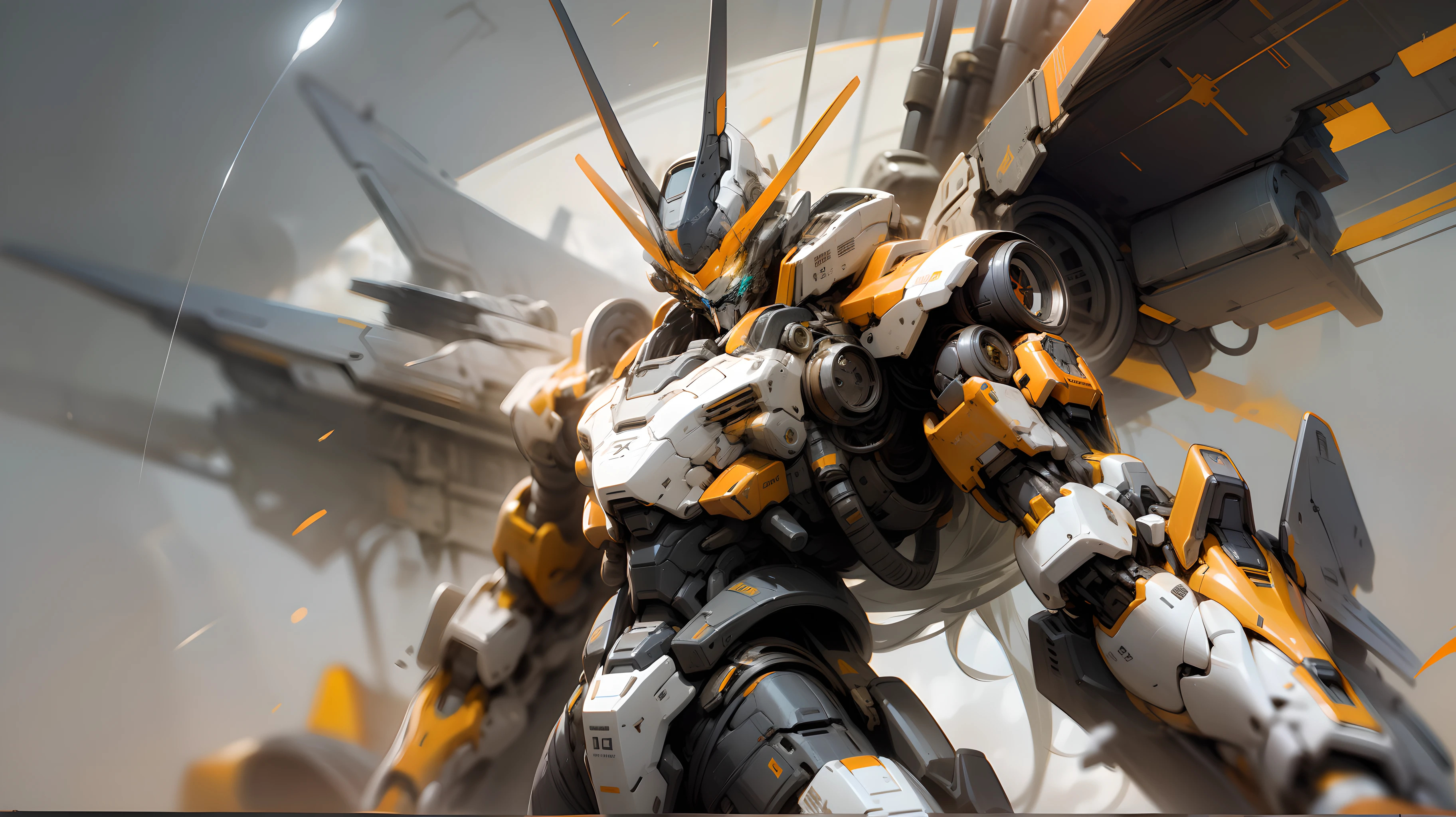 Skysky,clouds,Holding_arma,No_Humanity,with light glowing,,droid,buliding,Glowing_Eyes,Mecha,scientific fiction,城市,Realistis,Mecha Orange:dominant colors。 mechs:Poster theme,Represents the technology and power of the future。 Cool:Poster overall style,Emphasize visual impact and appeal。 Advanced illustration:Express the drawing style and artistic level of the poster。 detail-rich:Features of mecha models,Emphasis on detail and precise representation of human proportions。 Color matching:Orange is harmoniously combined with other colors,Enhance visual effects。 Texture:Texture and material representation of mech models,For example, Metallic texture、textured, etc。 Dynamic:Through effects such as poses and backlighting,Show the dynamics and combat atmosphere of the mech。 Background with:Choose a background that suits the mecha theme,Enhance visual effects。Mecha poster Orange and white color scheme Accurate human anatomy Rich detail depiction Rich and reasonable background Research and inspiration gathering Composition and sketching Body structure and detail design Highlights and shadows Color rendering Digital tools Background design Perspective and light effects Color combinations and brightness contrast Painting software Visual impact Final touches and adjustments