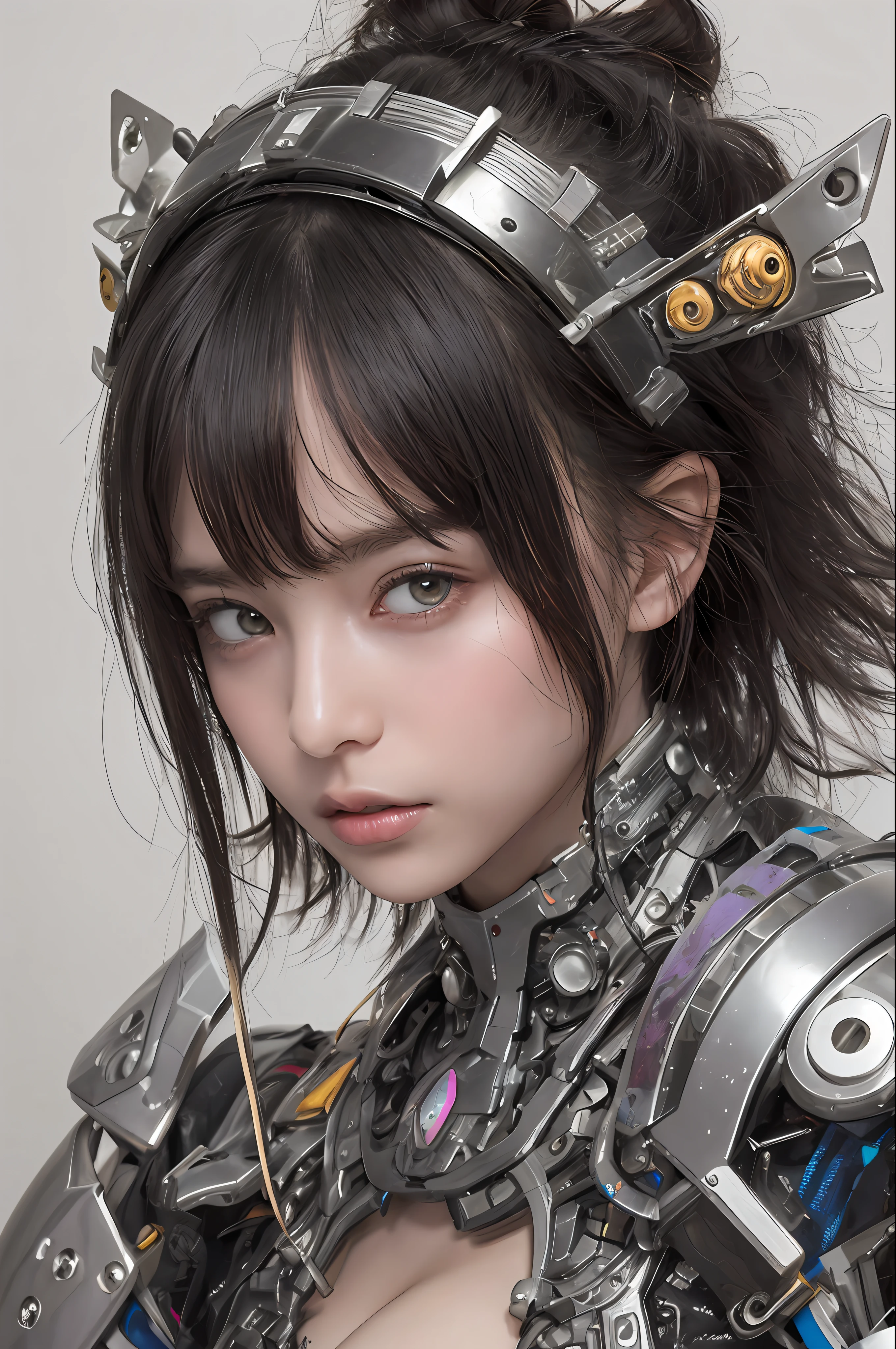 Top Quality, Masterpiece, Ultra High Resolution, (Photorealistic: 1.4), Raw Photo, 1 Girl, Black Hair, Glossy Skin, 1 Mechanical Girl, (Ultra Realistic Details)), Portrait, Global Illumination, Shadows, Octane Rendering, 8K, Ultra Sharp, Big, Cleavage Exposed Raw Skin, Metal, Intricate Ornament Details, Egyptian Details, Very intricate details, realistic light, CGSoation trend, purple eyes, glowing eyes, facing the camera, neon details, mechanical limbs, blood vessels connected to the tube, mechanical vertebrae attached to the back, mechanical cervical attachment to the neck, sitting, wires and cables connecting to the head, evangelion, small LED lamp,
