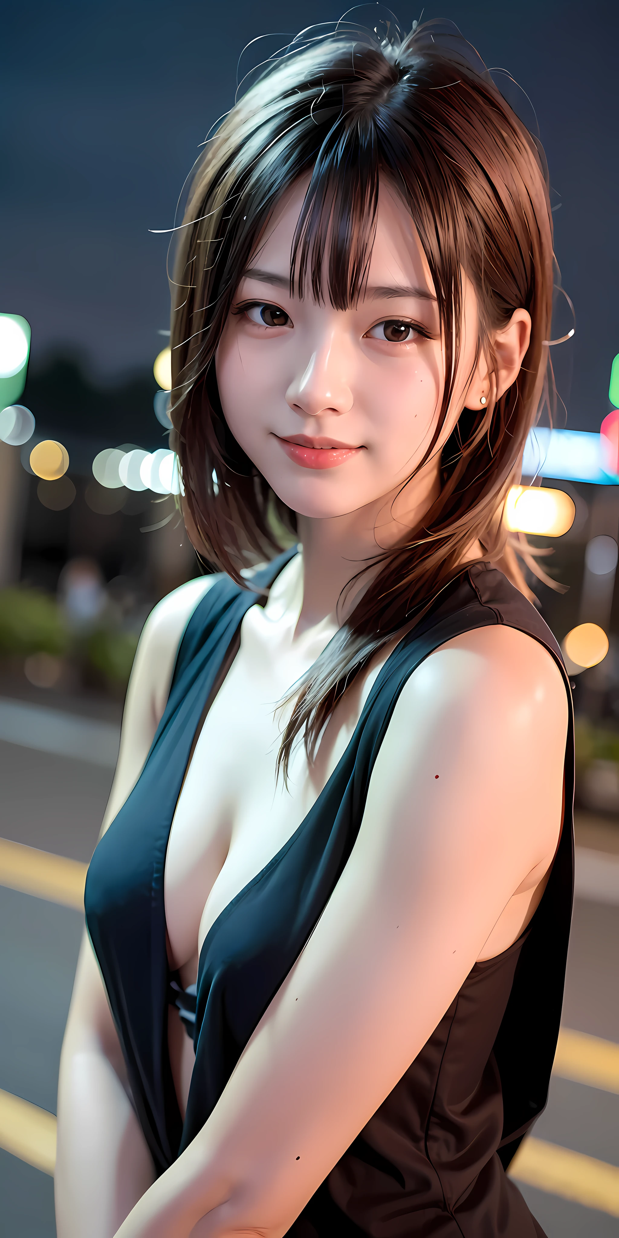 1girl, Tokyo street,night, cityscape,city lights,upper body,close-up,smile,, (8k, RAW photo, best quality, masterpiece:1.2),(realistic, photo-realistic:1.37),