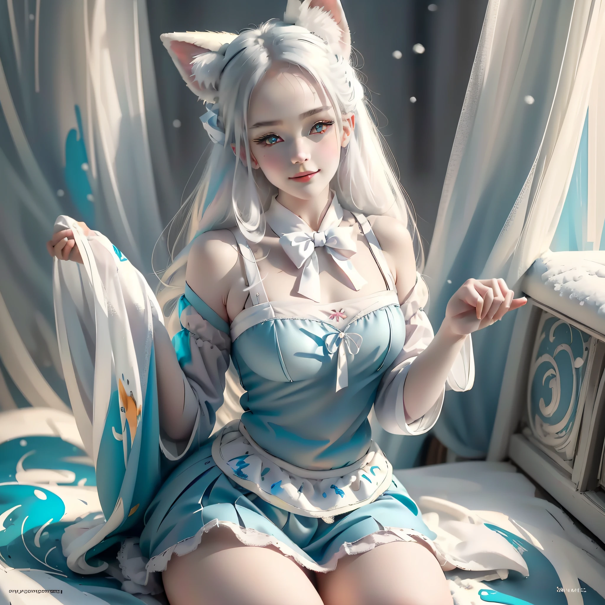 ((Masterpiece)), ((Best Quality)), ((Beautifully Painted)), ((Very detailed)), 1 Girl, Snow White Double Tail {{White Hair Bow}}, Snow White Bangs, Snow White Fox Ears, Pink Hairpin, (Cyan Eyes), (Beautiful Delicate Eyes), Light Smile, Blush, Less Clothes, Gray Bow Tie, Gray Layered Skirt, Snow White Furry Fox Tail, White Knees, Room Background