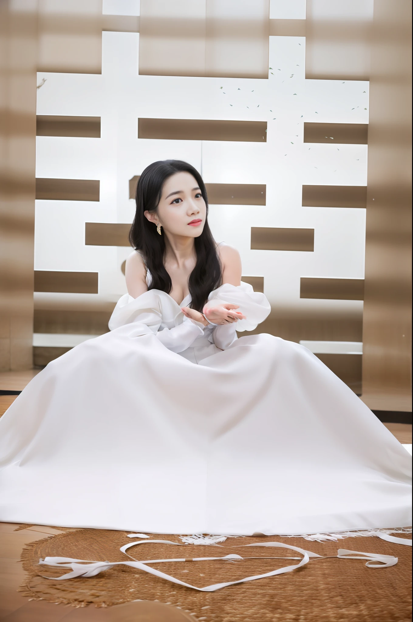 There was a woman in a white dress sitting on the floor, White Hanfu, shaxi, photoshoot, full-body xianxia, Inspired by Tang Yifen, jia, Li Zixin, Xianxia, wenfei ye, ruan jia beautiful!, Photo session, Lu Ji, promo shot, Yan, promotional still, rei hino as a princess, photographed