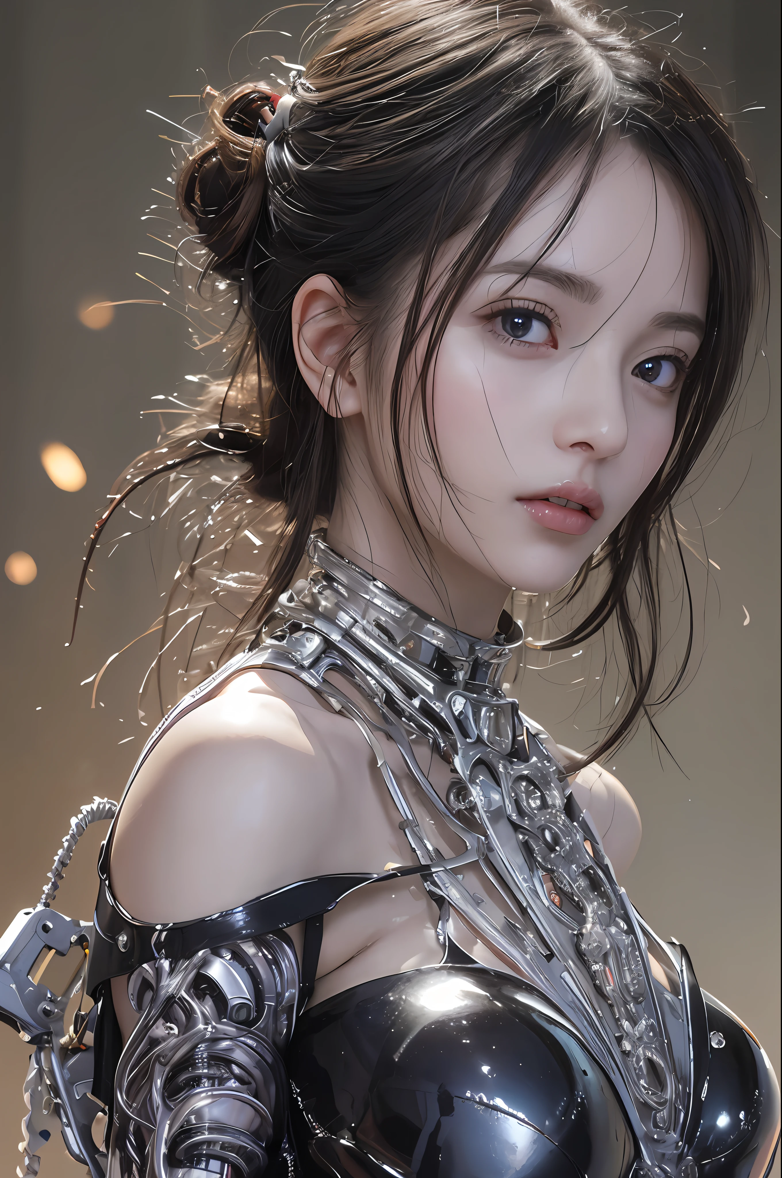Top Quality, Masterpiece, Ultra High Resolution, (Photorealistic: 1.4), Raw Photo, 1 Girl, Black Hair, Glossy Skin, 1 Mechanical Girl, (Ultra Realistic Details)), Portrait, Global Illumination, Shadows, Octane Rendering, 8K, Ultra Sharp, Big, Cleavage Exposed Raw Skin, Metal, Intricate Ornament Details, Egyptian Details, Very intricate details, realistic light, CGSoation trend, purple eyes, glowing eyes, facing the camera, neon details, mechanical limbs, blood vessels connected to the tube, mechanical vertebrae attached to the back, mechanical cervical attachment to the neck, sitting, wires and cables connecting to the head, evangelion, small LED lamp,
