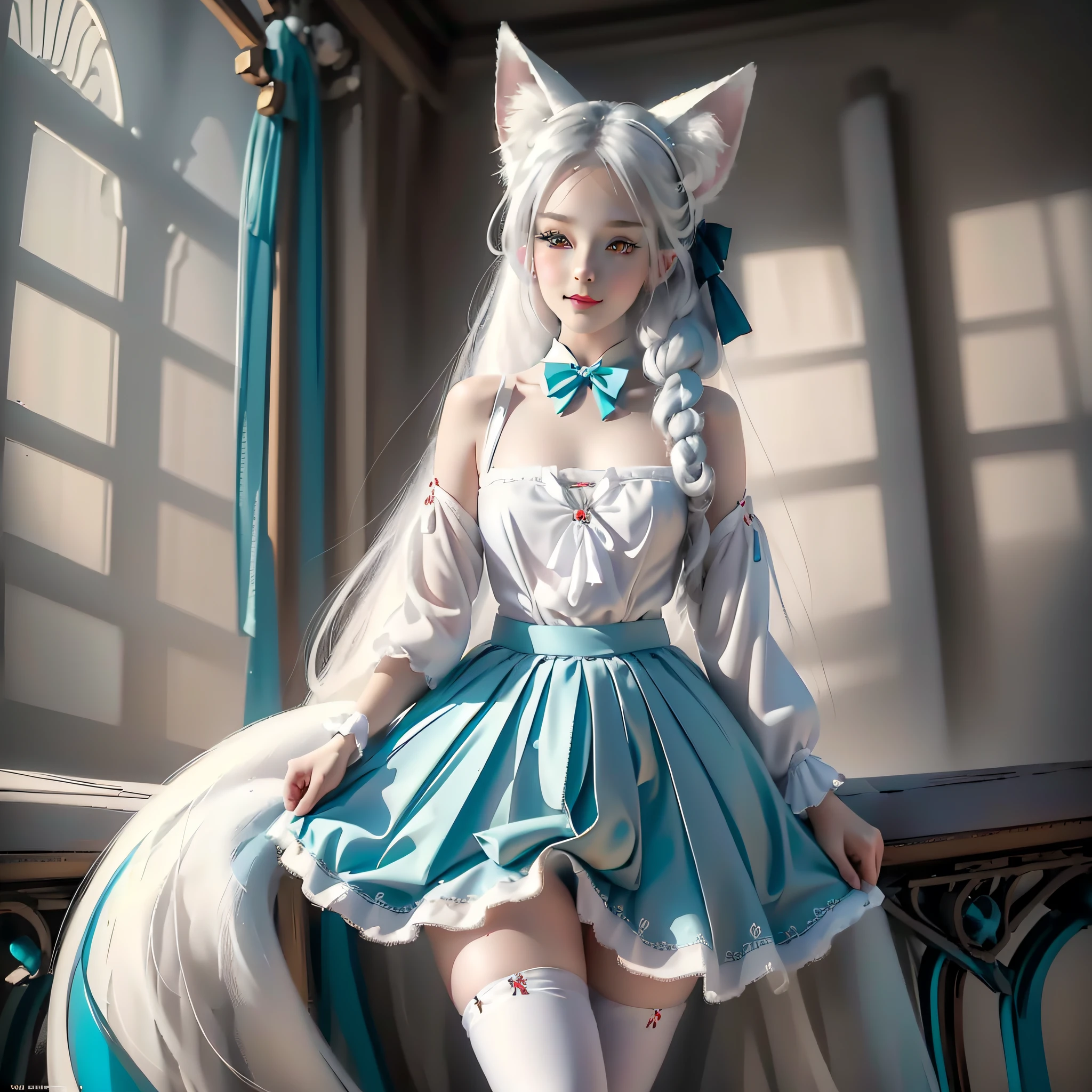 ((Masterpiece)), ((Best Quality)), ((Beautifully Painted)), ((Very detailed)), 1 Girl, Snow White Double Tail {{White Hair Bow}}, Snow White Bangs, Snow White Fox Ears, Pink Hairpin, (Cyan Eyes), (Beautiful Delicate Eyes), Light Smile, Blush, Less Clothes, Gray Bow Tie, Gray Layered Skirt, Snow White Furry Fox Tail, White Knees, Room Background