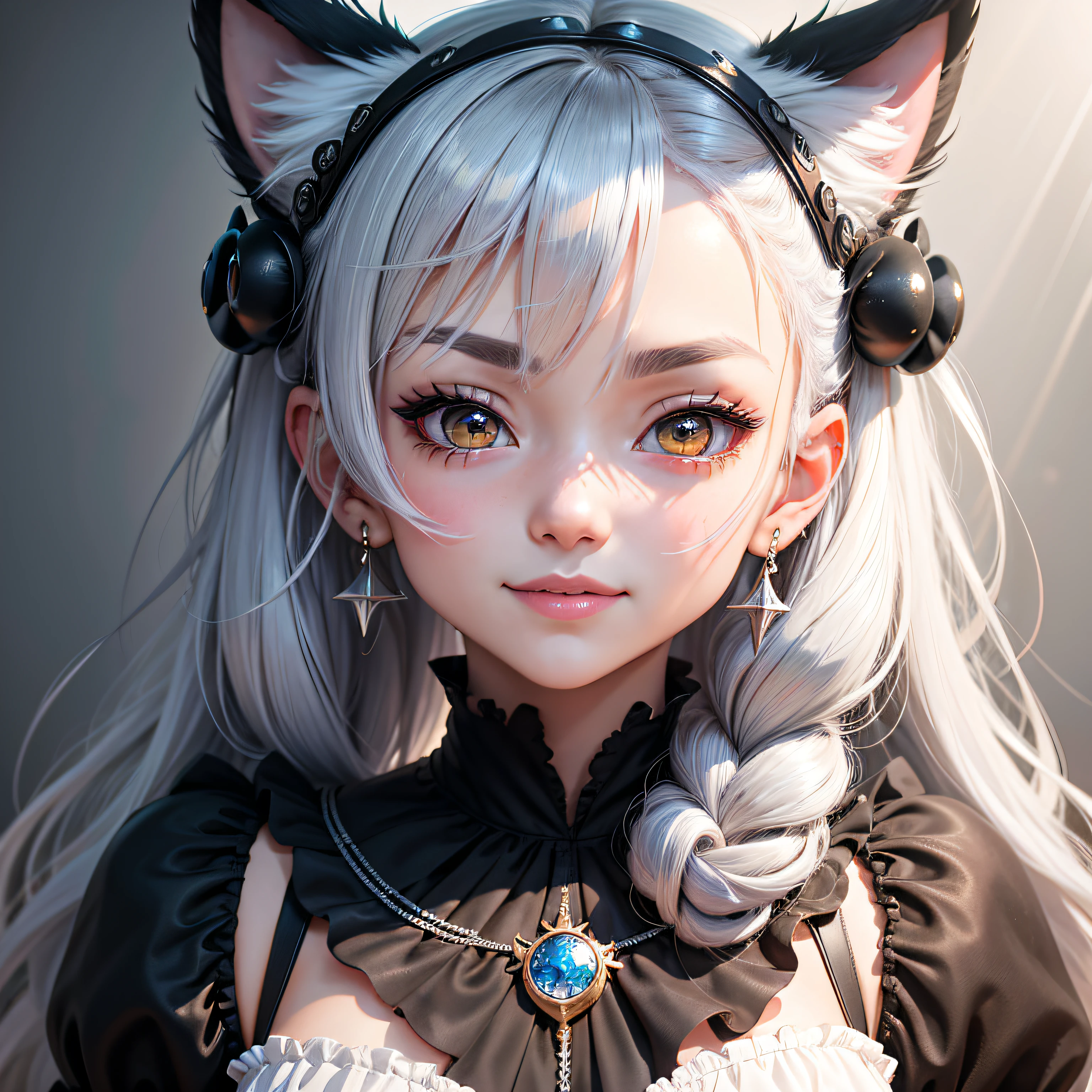 black hair, hair bobbles, wince, fake animal ears, ear blush, silver hair, crown, color contact lenses, smile, streaked hair, drill hair, forehead jewel, head wreath, @ @, raised eyebrows, crescent earrings, kemonomimi mode, happy, nose blush, drop shadow, anaglyph, tachi-e, pov, atmospheric perspective, stereogram, first-person view, anime style, god rays, stereogram, bust chart, pov, from side, Eye-Level Shot, 8k, UHD, masterpiece --auto