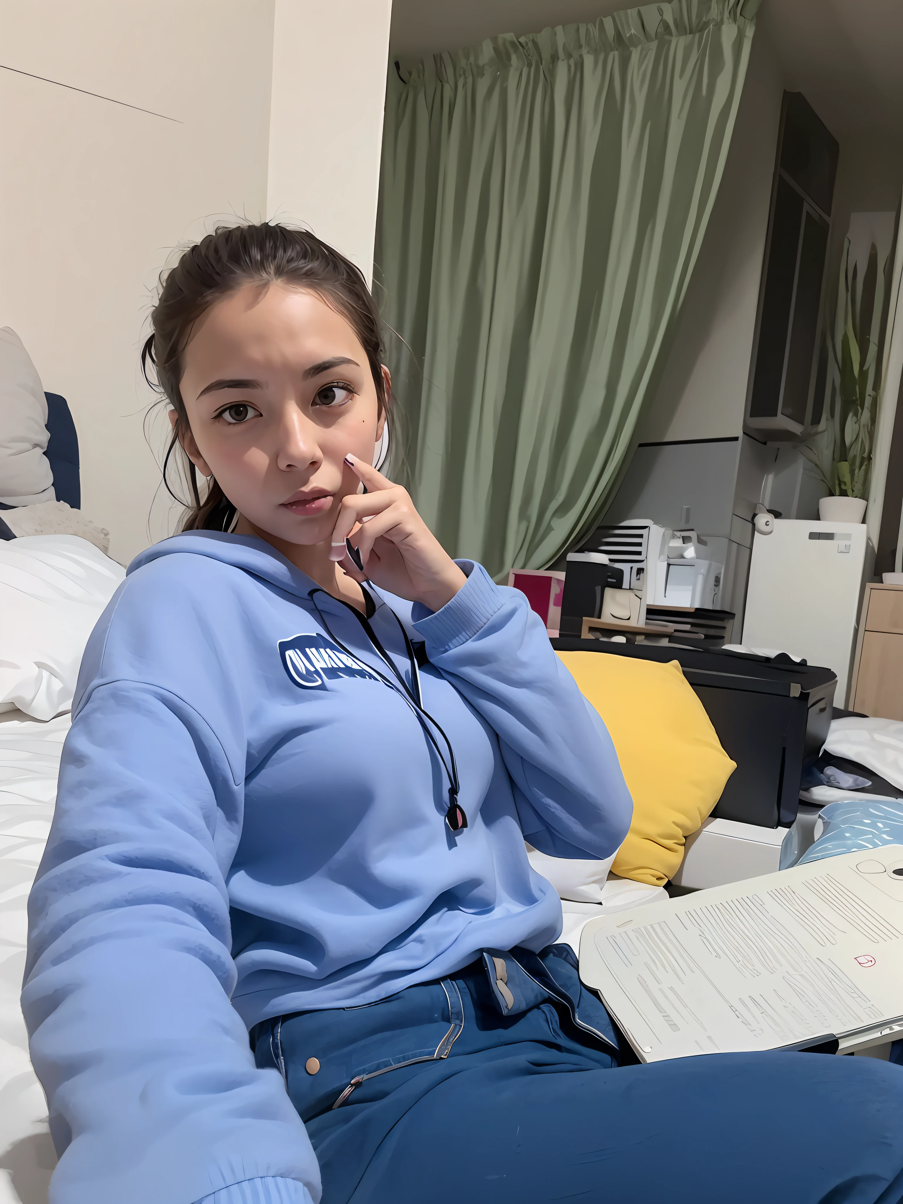 There is a woman sitting on the bed having,holding laptop, Sitting on the bed, posing in the bedroom, sit on a bed, sitting in bedroom, sitting on her bed, 2 8 years old, 2 7 years old, sitting in her room, 2 9 years old, She is facing the camera, very very low quality, Comic style