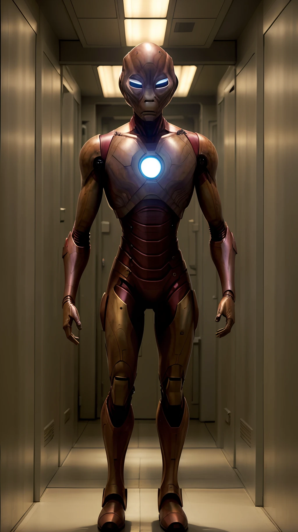 photography of an alien sgasgard iron man portrait, realistic, movie scene, cinematic, dramatic light, back light, standing in a corridor