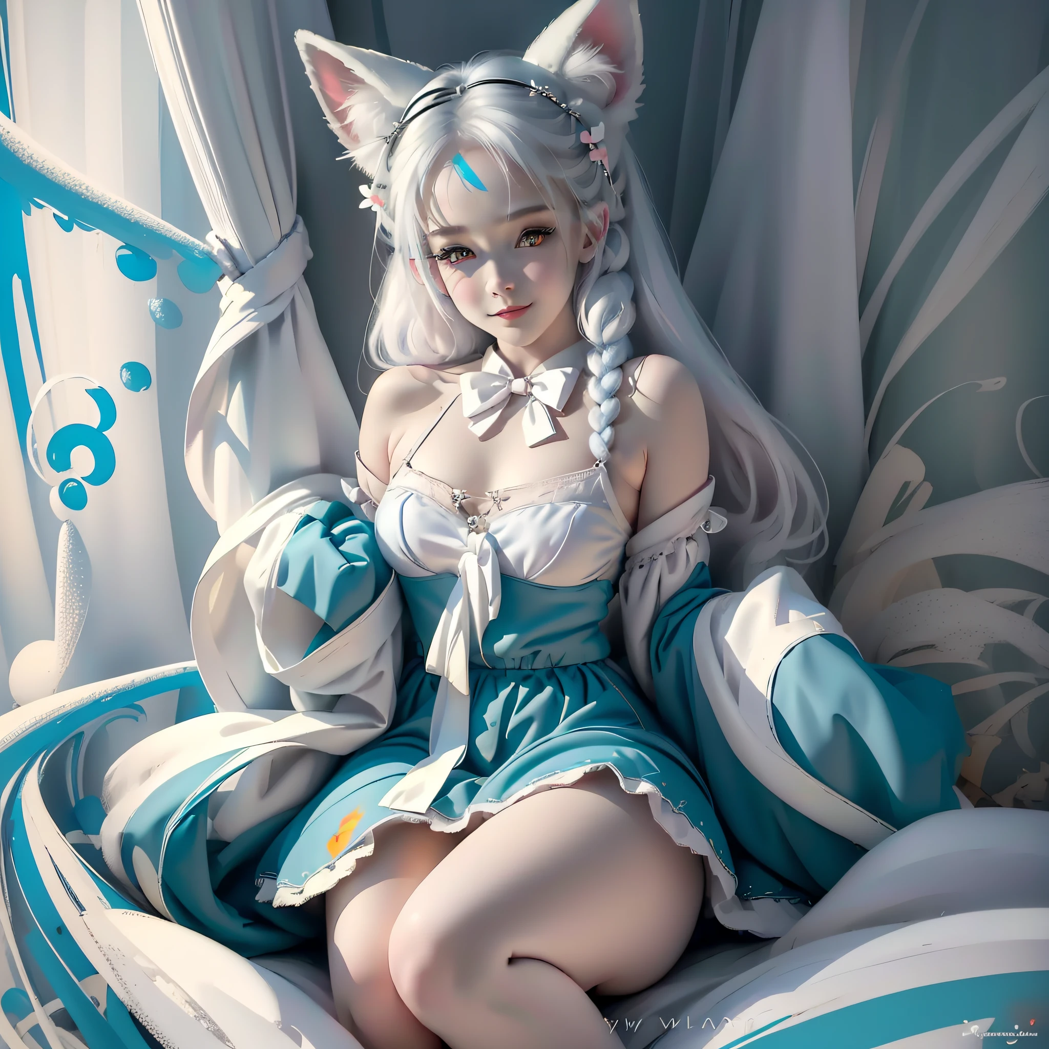 ((Masterpiece)), ((Best Quality)), ((Beautifully Painted)), ((Very detailed)), 1 Girl, Snow White Double Tail {{White Hair Bow}}, Snow White Bangs, Snow White Fox Ears, Pink Hairpin, (Cyan Eyes), (Beautiful Delicate Eyes), Light Smile, Blush, Less Clothes, Gray Bow Tie, Gray Layered Skirt, Snow White Furry Fox Tail, White Knees, Room Background