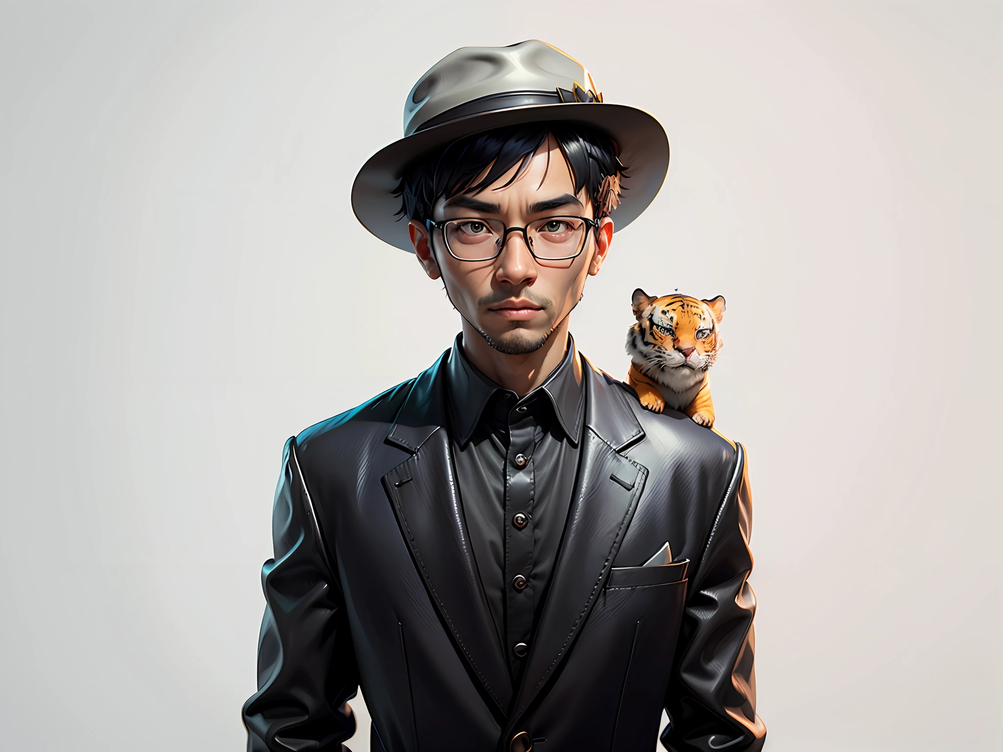Young man with oriental face in leather hat, tiger, oriental face in formal suit, short black hair, silver glasses, digital painting, 3D character design by Mark Clairedon and Pixar and Hayao Miyazaki and Akira Toriyama, the illustration is a high-definition illustration in 4K resolution with very detailed facial features and cartoon-style visuals.