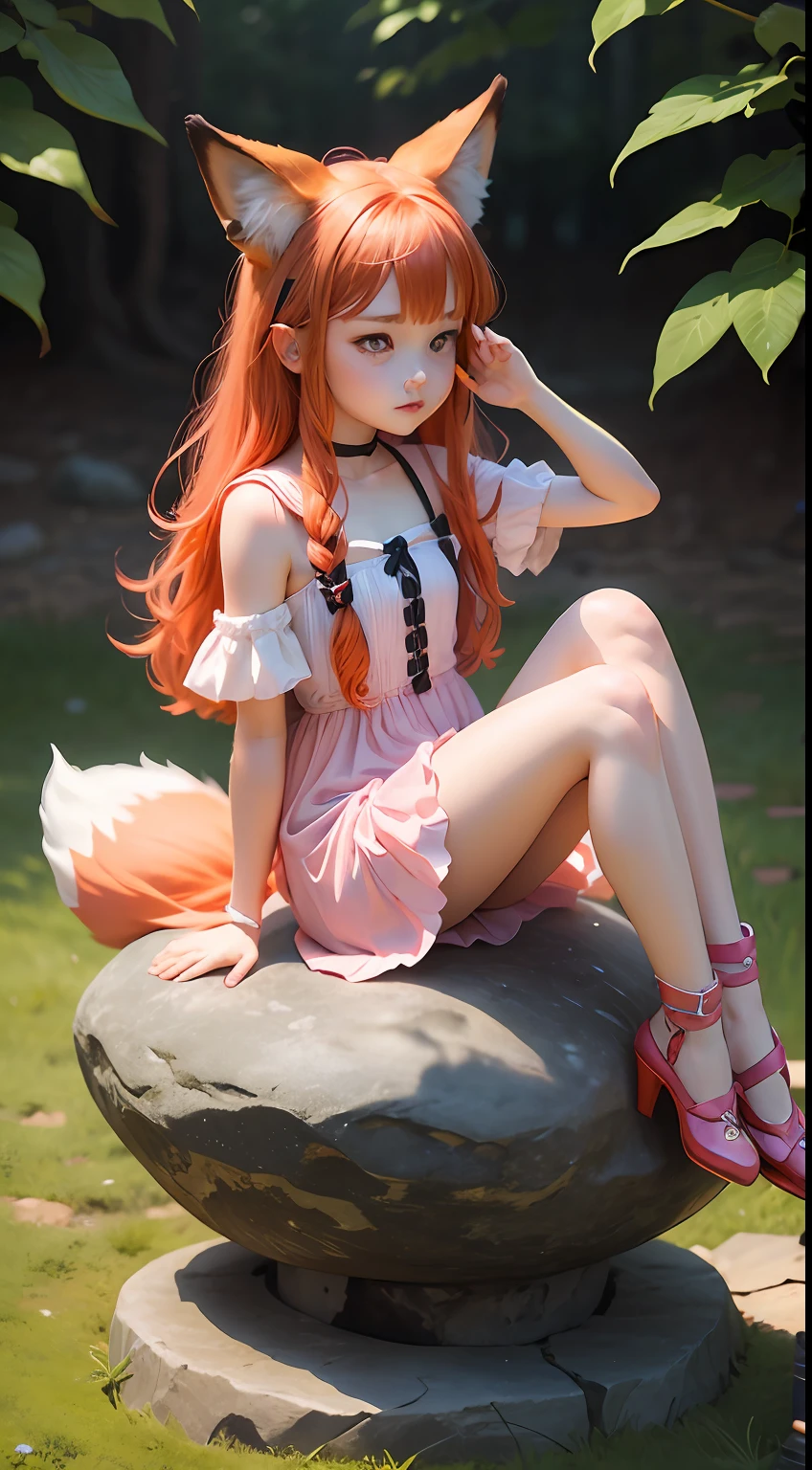 Sit on a floating stone ring,bit girl,adolable,Evil charm,Fox ears and tail,Tender red hair,pastel pink dress --auto