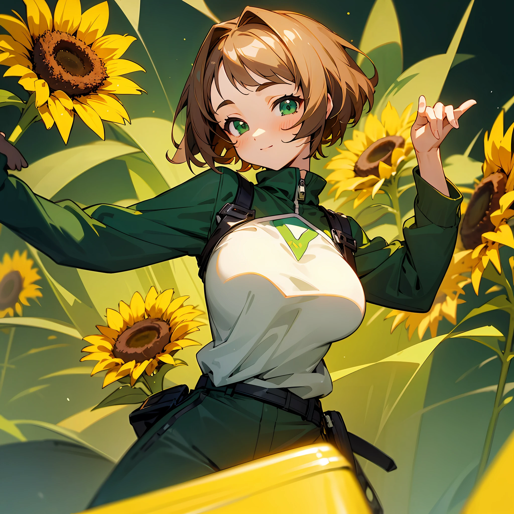 short detailed hair，teens girl，cheerful，Sunflower Sea，quadratic element，anime big breast，freshen，brunette color hair，Green sweatshirt --auto