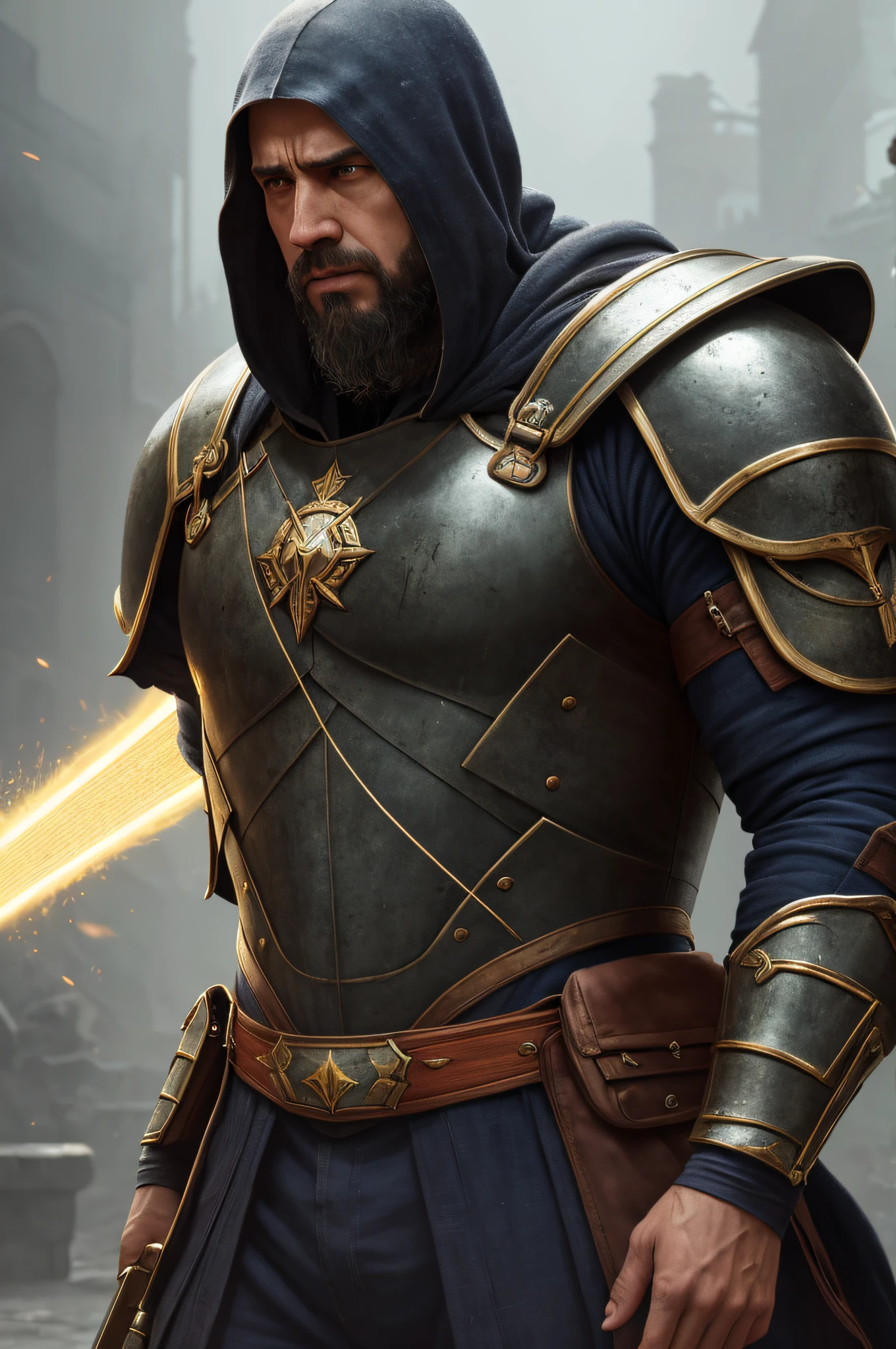 Retrato de um homem guerreiro, , fotorrealista, ultra detalhada, war lighting, cores brilhantes, volumetric rays of light, HDR, arte por Artgerm e Alstefan Kostic e David Cronenberg, realista, fotorrealista, hyper realistic maximum detail, Light Volumetric, moody cinematic epic concept art, pintura fosca realista, hiper fotorrealista, arte conceitual, Light Volumetric, cinematic epic, octano render,  8 k, corona render, movie concept art, octane render, cinematic  composition, movie concept art, cinematic  composition, volumeric lighting, 8k