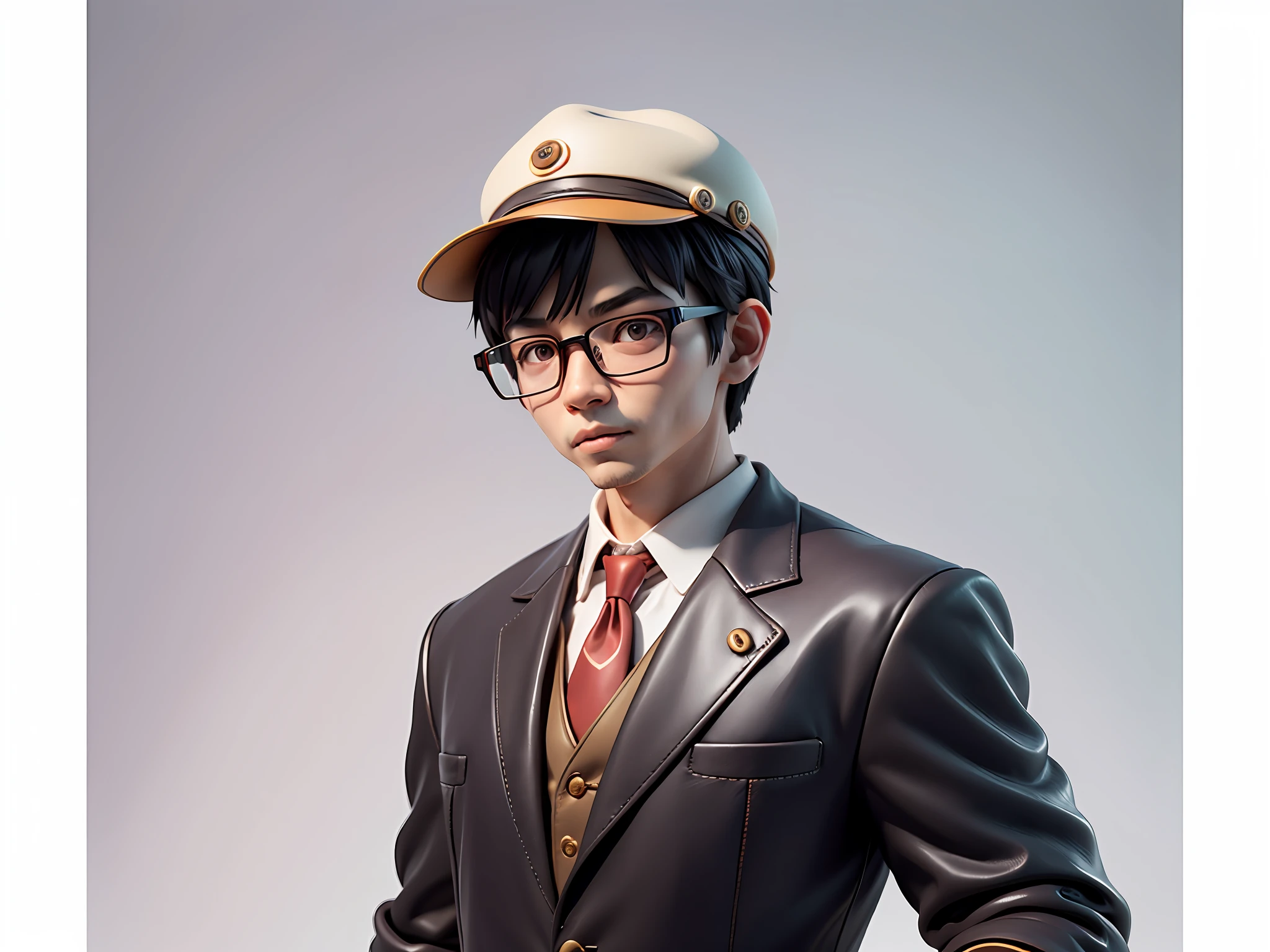 Young man with oriental face in leather hat, tiger, oriental face in formal suit, short black hair, silver glasses, digital painting, 3D character design by Mark Clairedon and Pixar and Hayao Miyazaki and Akira Toriyama, the illustration is a high-definition illustration in 4K resolution with very detailed facial features and cartoon-style visuals.