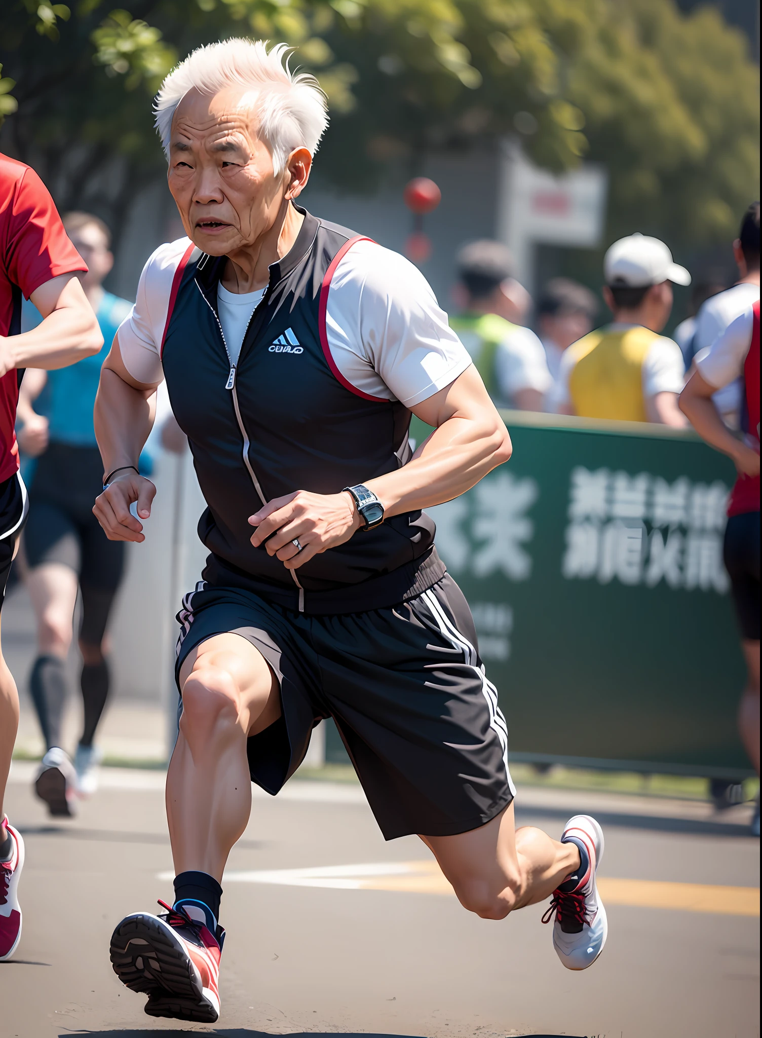 Chinese old man,Wear a sports vest,shorter pants,Running shoes --auto