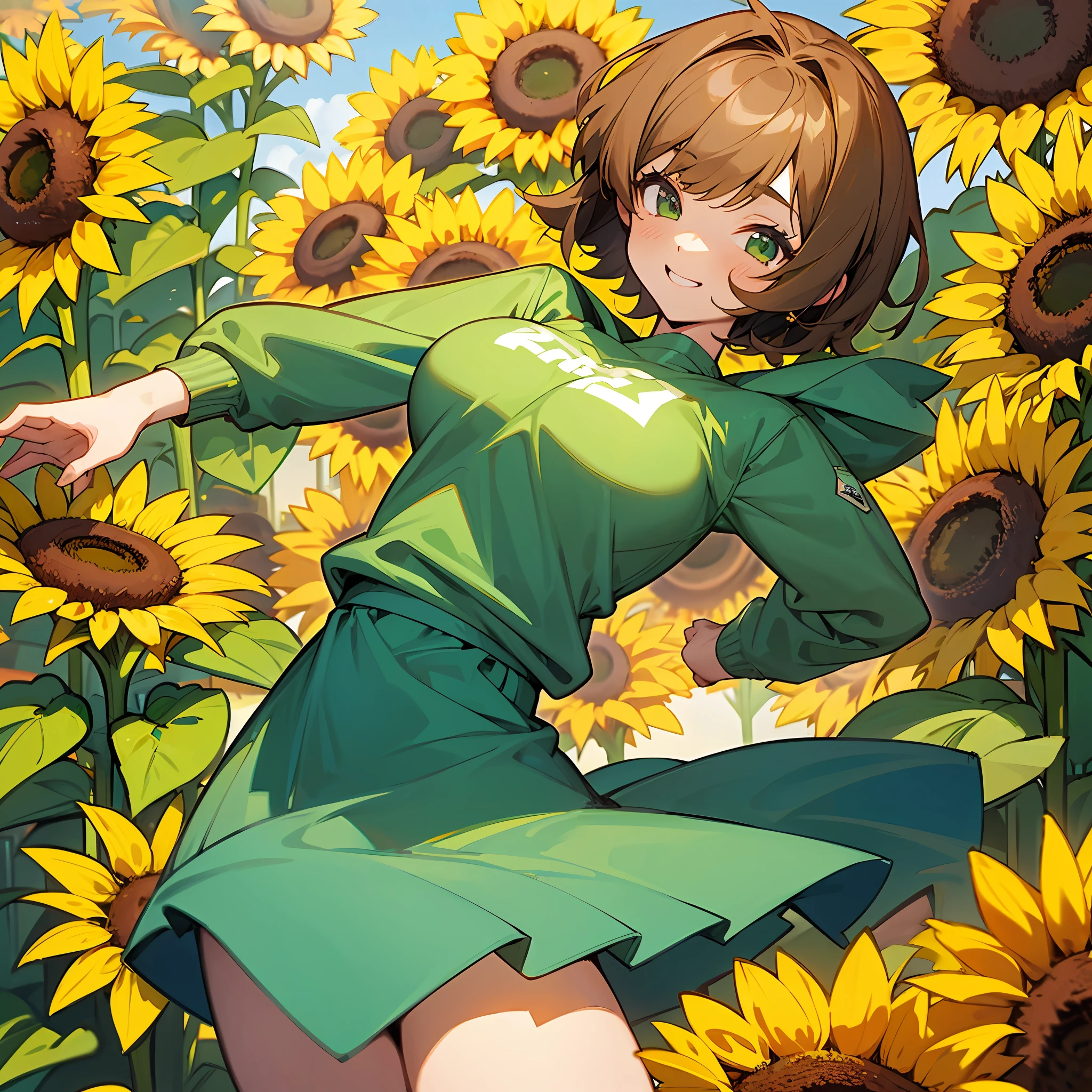 short detailed hair，teens girl，cheerful，Sunflower Sea，quadratic element，anime big breast，freshen，brunette color hair，Green sweatshirt --auto