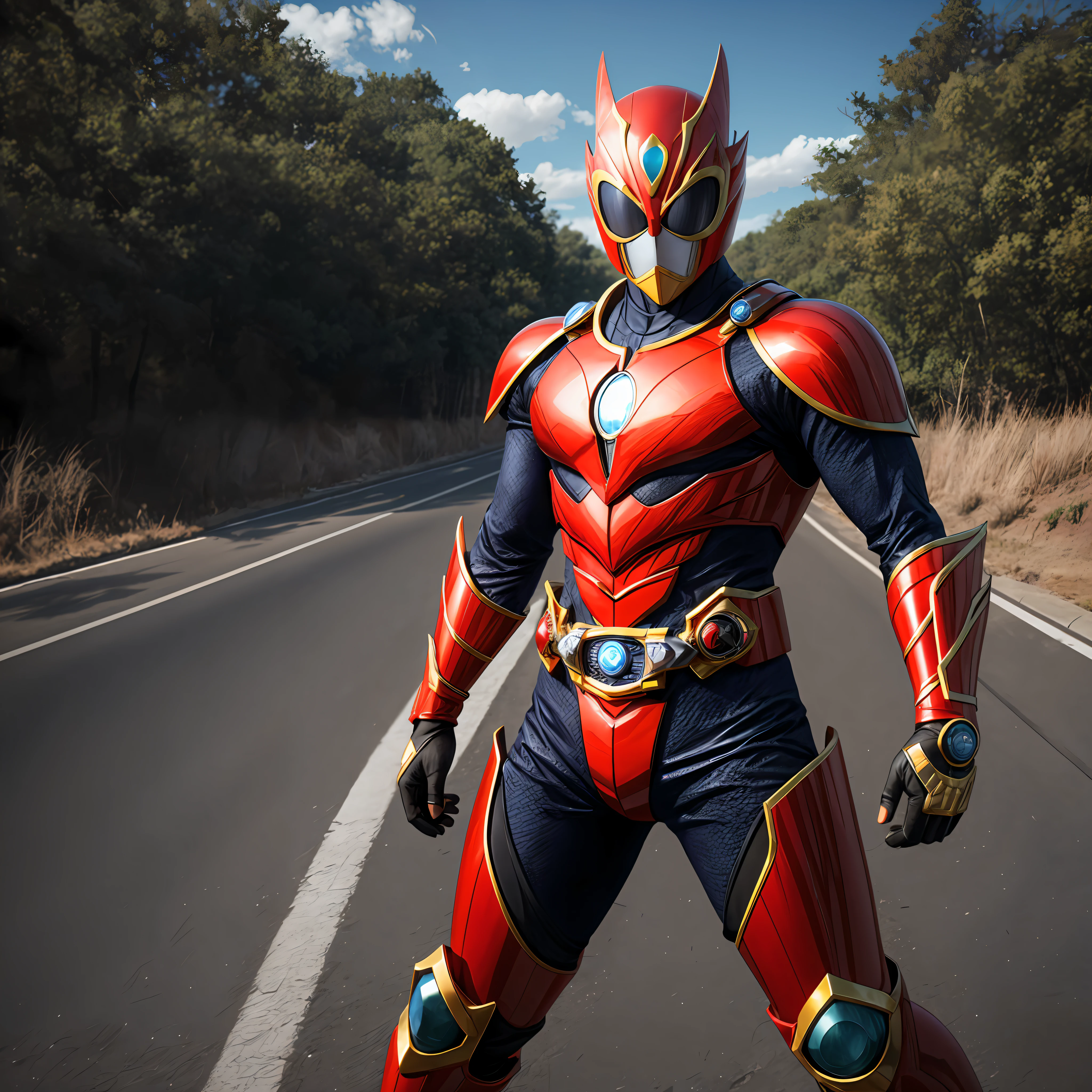 Red Kamen Rider Super stands on the road, , Ray tracing, Anatomically correct, ccurate, High details, Super detail, Best quality, 8K --auto