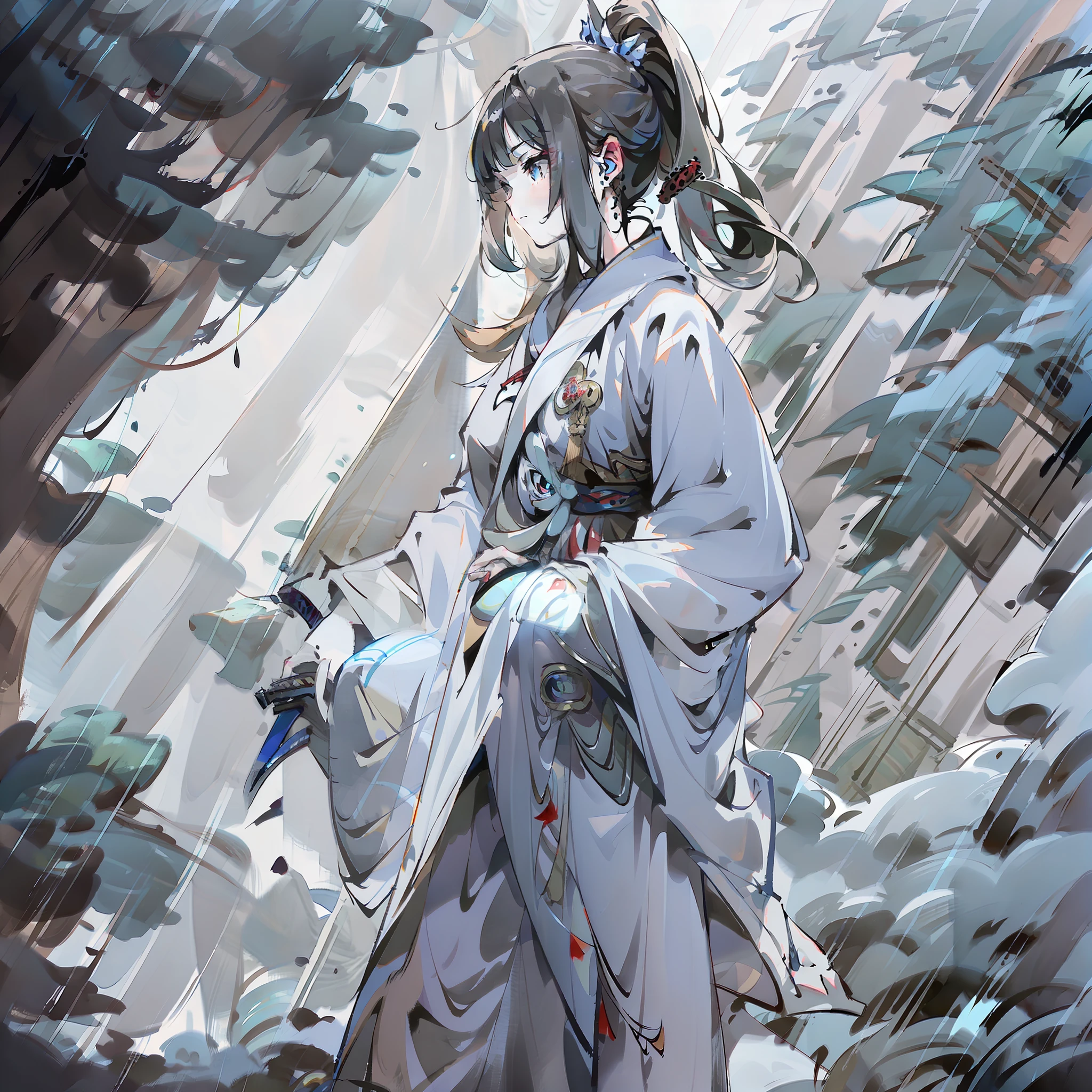 Hold a long sword in one hand,The other hand holds the scroll