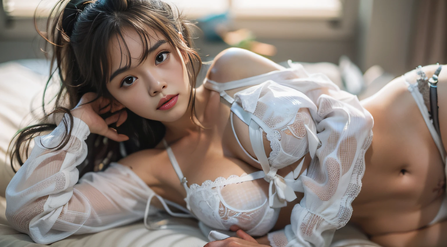(8k, RAW photo, best quality, masterpiece:1.2), yjnn, 1girl, 3d, asian, bangs, bare_shoulders, bow, bra, breasts, brown_eyes, brown_hair, cleavage, grey_background, lips, long_hair, long_sleeves, looking_at_viewer, medium_breasts, navel, nose, off_shoulder, open_clothes, open_shirt, panties, realistic, shirt, solo, stomach, underwear, undressing, upper_body, white_bra, white_panties, white_shirt,Shiny skin, beautiful delicate face, beautiful delicate eyes ,(realistic, photo realistic:1),Lie down on the bed