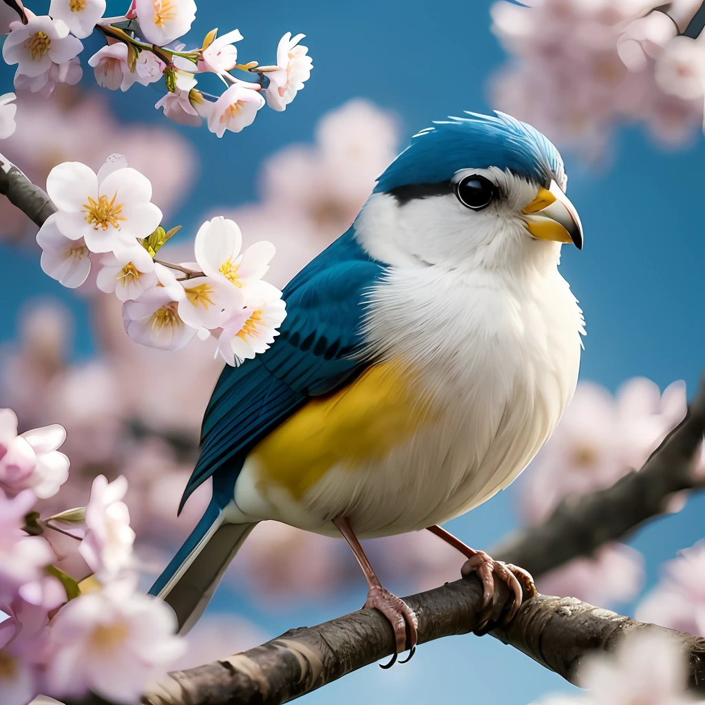 Artistic profile portrait of a delicate porcelain bird perched on a flowering cherry tree branch. Ele tem penas azul claro lustrosas e detalhes dourados ornamentados. Her tiny beak is slightly open as if singing a sweet song. Ao fundo, cerejeiras brancas em flor envolvem a cena com seus ramos pontilhados. The style of the image should be refined and ethereal, with a smooth porcelain-like appearance. The focus is on the serene beauty of the bird among the cherry trees. --auto --s2