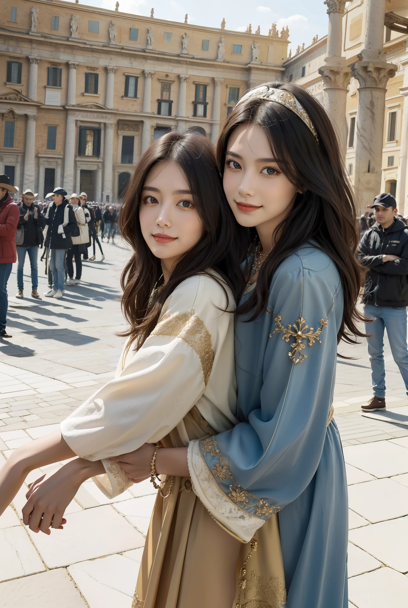 masterpiece, 4K, best quality, FELute, necklace,gorgeous dress, (on the St. Peter's Square of Vatican,crowd),bracers, cowboy shot, looking at viewer, smirk, hand up