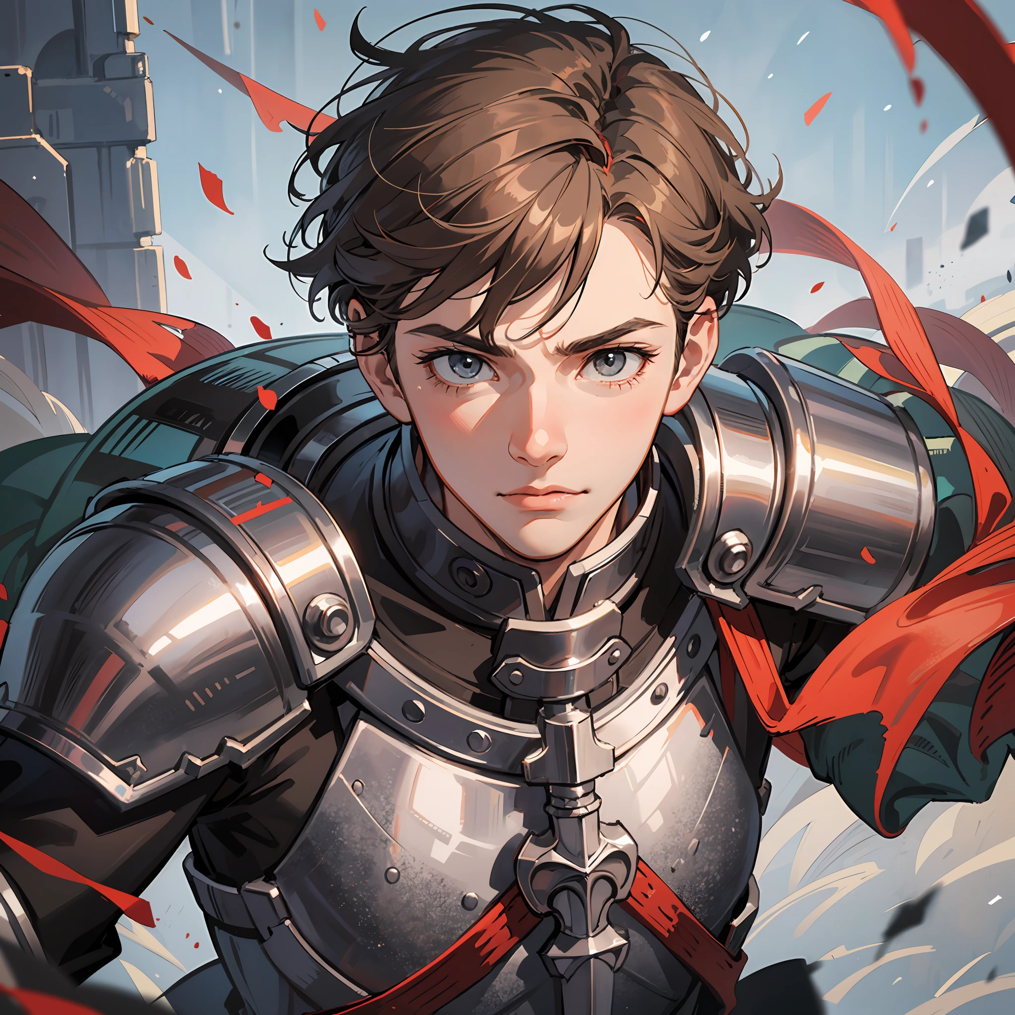 a 17-year-old teenage boy, 1 boy as a swordsman, sword, brown short hair, brown short hair parted in the middle, man's short hair, without a beard, without a goatee, no facial hair, silver colored medieval knight armor, red clothes, war, battlefield