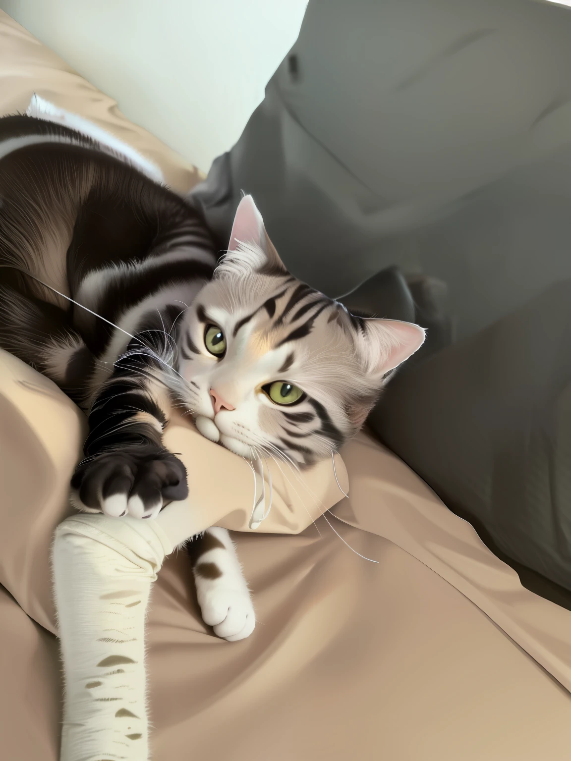 there is a cat that is laying down on a bed,pillow head, Shoot together, cat female with a whit and chest, sitting in the couch, on a sofa, Sitting on the sofa, she is looking at us --auto