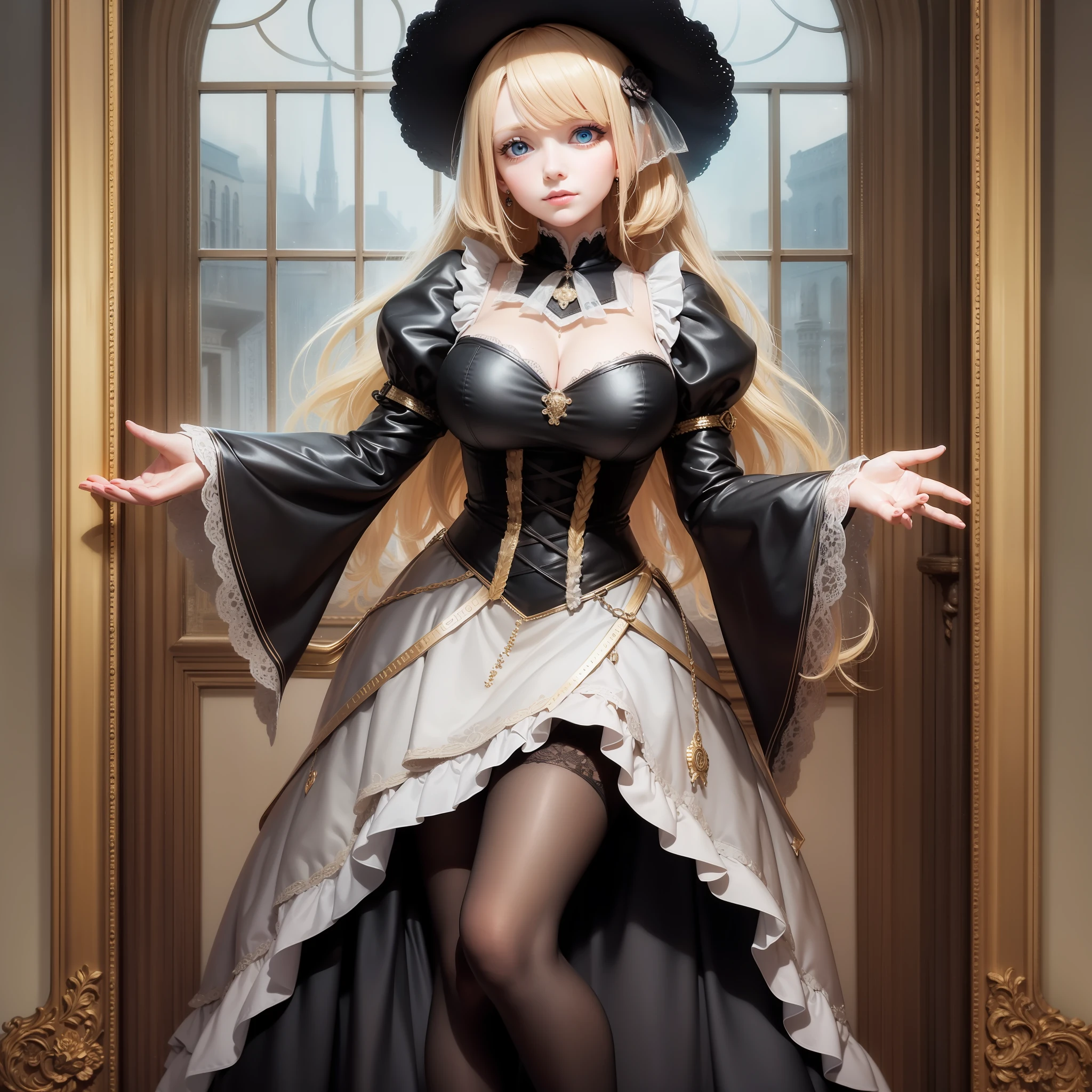 high resolution, highest quality, super high quality, super detail, ultra realistic, photorealistic, anime, illustration, fantasy, Northern Renaissance style, super cute witch, mysterious, enchanting, big blue eyes, french braid blonde hair, huge breasts, perfect proportion, full body, black long skirt maid outfit and veil, black pantyhose, background Northern Renaissance style, kaleidoscope, royal palace