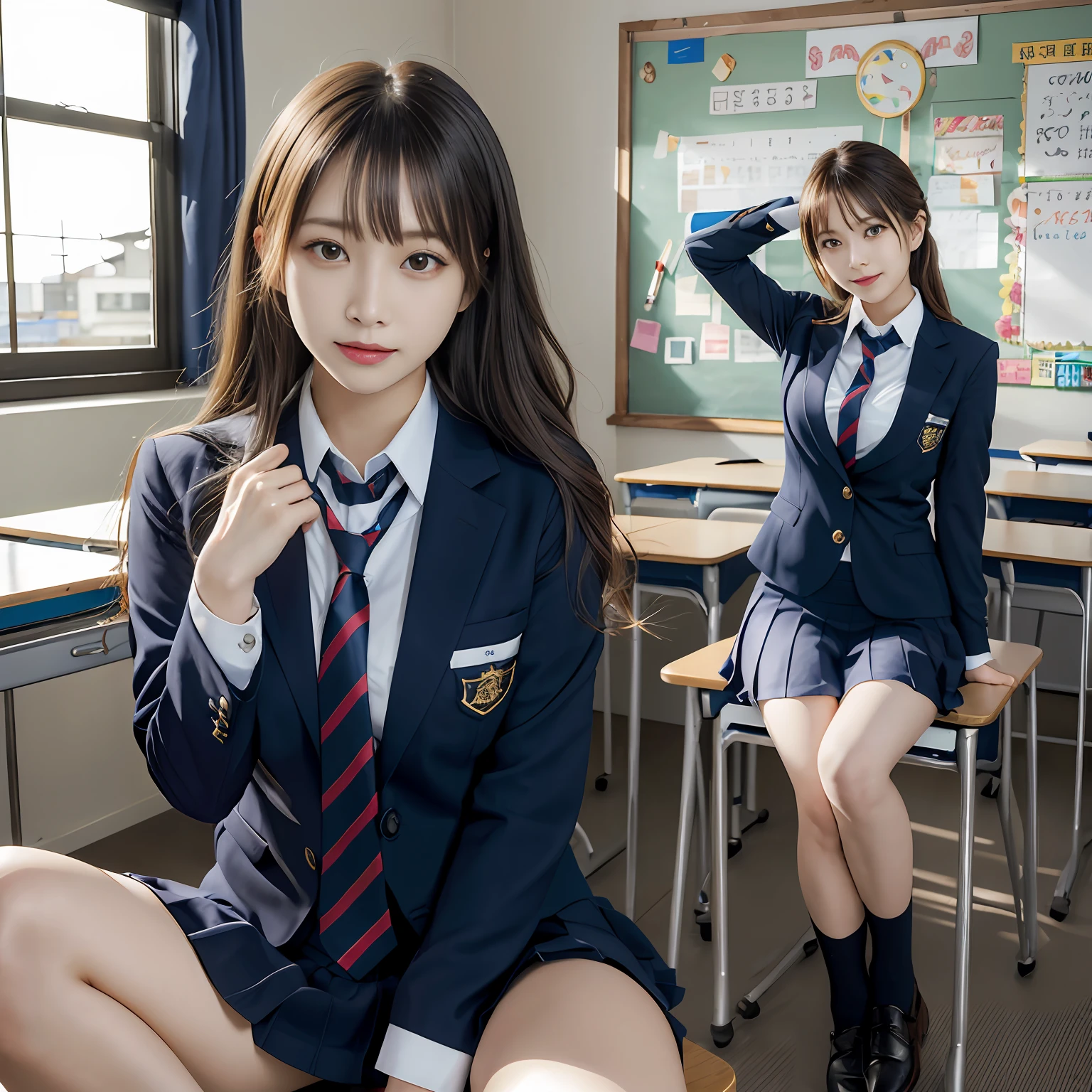 masutepiece, Best Quality, japanaese girl, 8K, Raw photo, top-notch quality, masutepiece, nffsw:1.2, exceptionally detailed RAW color photo, professional-grade photograph, (Realistic, Photorealistic:1.37), (highly detailedskin:1.2), Ultra-high resolution, (lenz 50mm), (masutepiece, top-quality:1.3), (Ultra detailed 8K cg:1.2), (hyper realisitic:1.35), (Photorealistic:1.45), (Realistic:1.4), Cowboy Shot,
1 beautiful Japanese girl, 22 years old, super model, Japanese Idol, __expression__, Large breasts, (sitting on the desk:1.1), (School uniform:1.4), (Spread legs:1.2),
(School classroom background:1.1)、Korean Idol、Nogizaka Idol、hposing Gravure Idol、Adults、女優