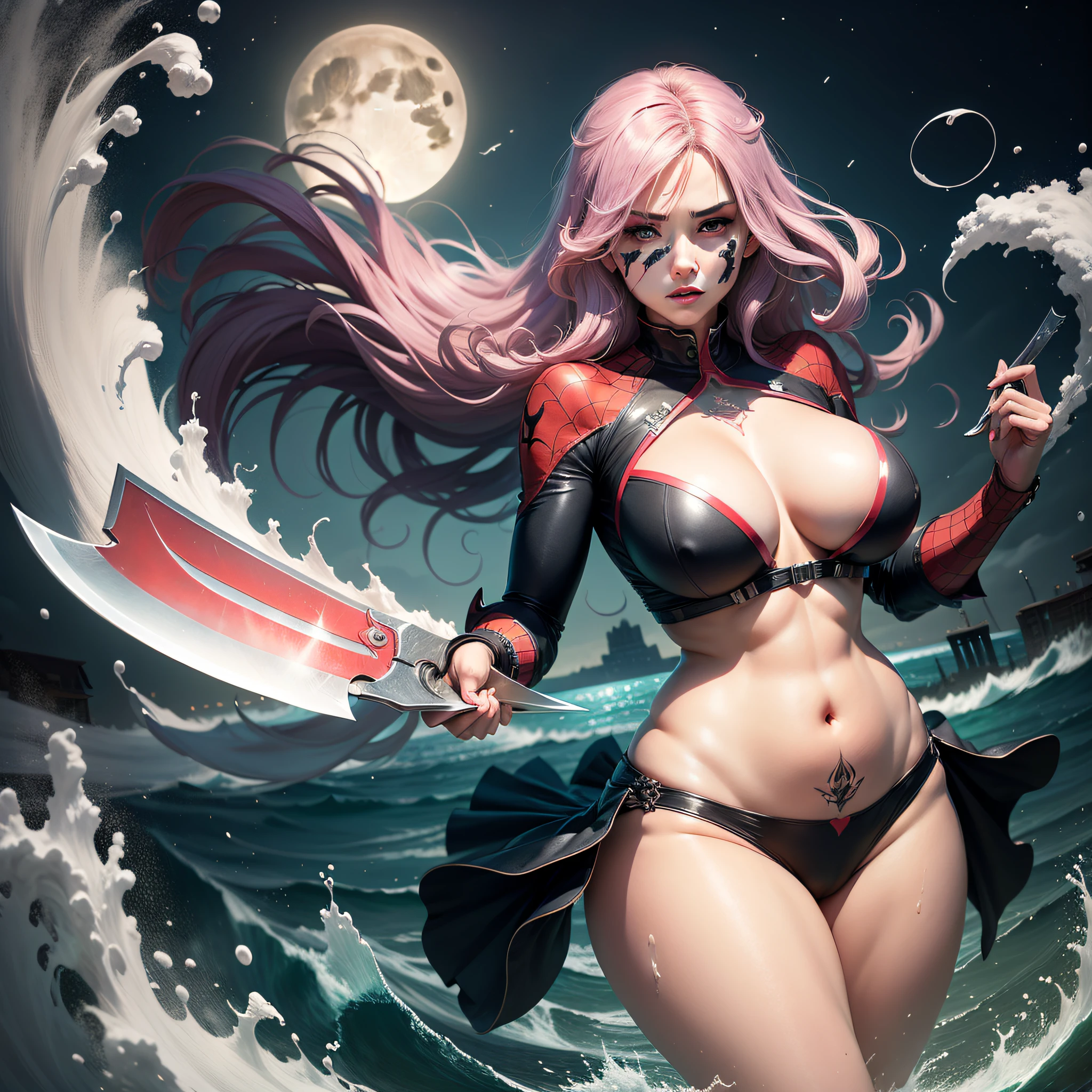 masterpiece, high quality, 1 girl, half human, half demon, blue eyes, pink messy hair, half broken mask, fat belly, deep cleavage, saggy breasts, (no bra), spiderman clothes, big thighs, embossed veins, tattooed arms and thighs, holding a big knife, flying in the sky, the night sky full moon, super big moon, whirlwind and water swirling around, like a powerful god