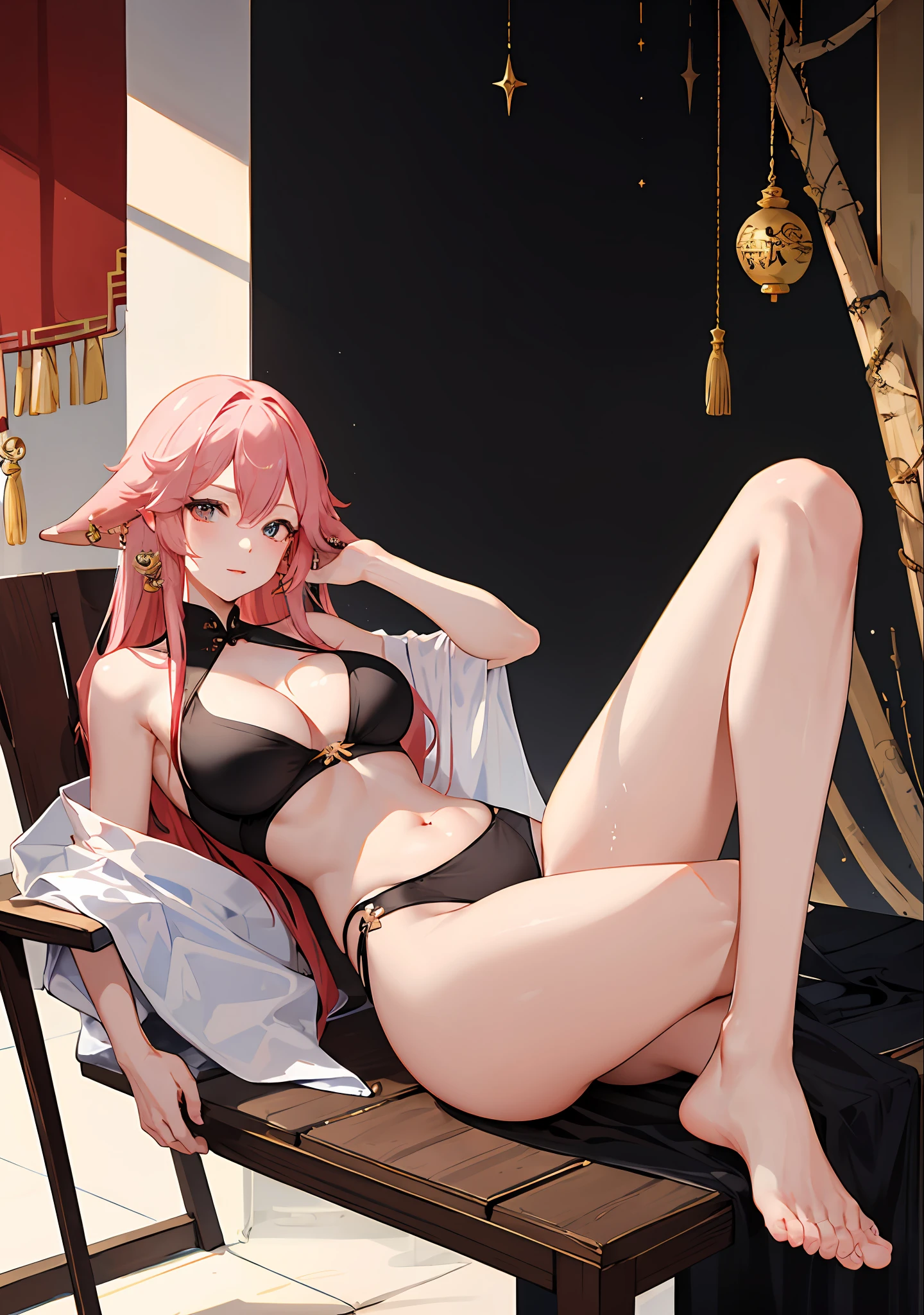 Yae Miko wears a cheongsam, Yae Miko wears a cheongsam,There is no fabric on either side of the cheongsam,Black silk is worn on the legs,sit on chair,Holding Erlang's legs,Exposed below the lower abdomen,Enchanted expression, Viscous liquid outflows,Enchanting,Plump breasts,(((gigantic cleavage breasts))), ((Sagging breasts)))