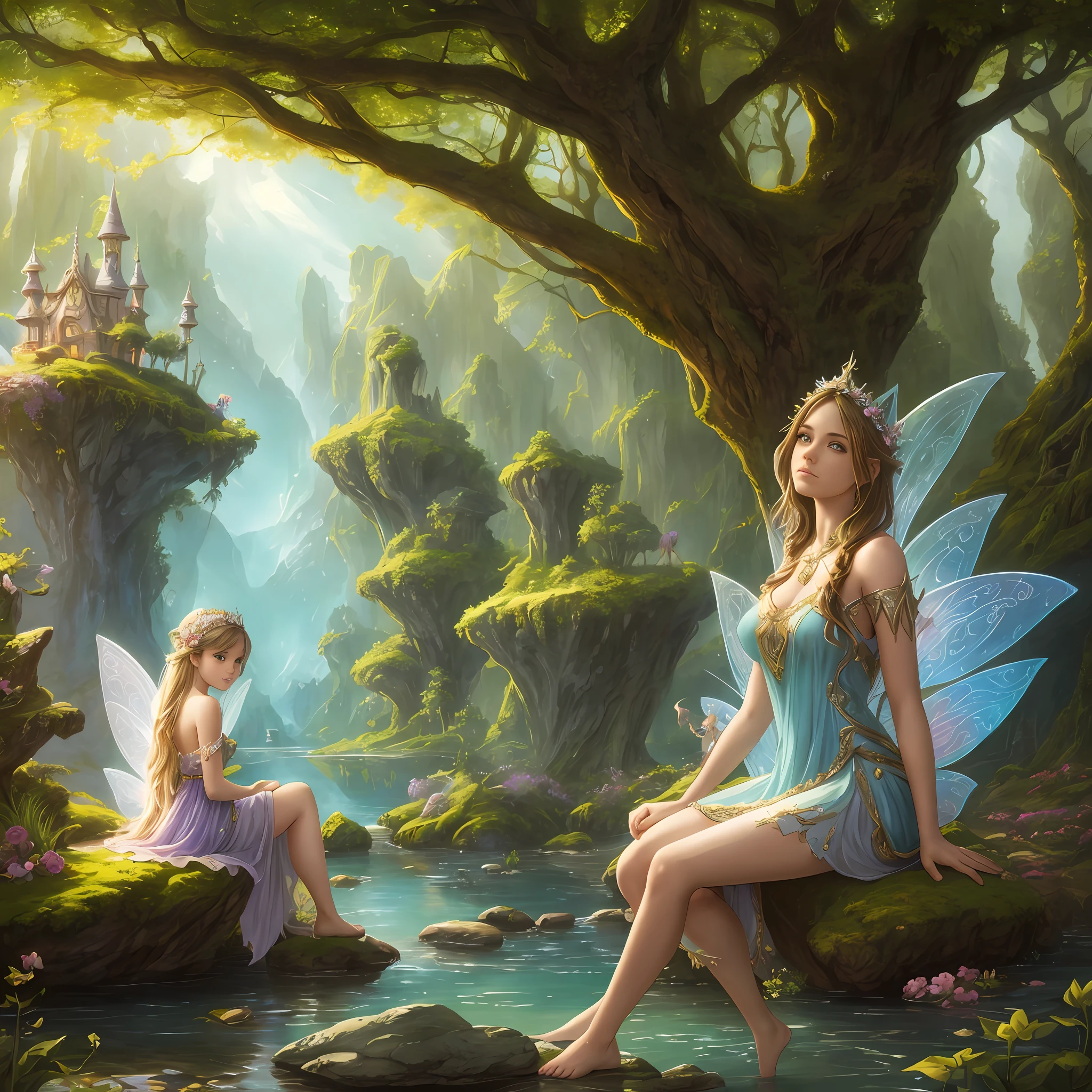 there is a painting of two fairy girls sitting on a rock, beautiful fantasy art, fantasy fairytale story, very beautiful fantasy art, beautiful detailed fantasy, fantasy art behance, fairytale artwork, beautiful fantasy painting, breathtaking fantasy art, beautiful fairies, detailed fantasy art, fantasy art style, fantasy style art, detailed fantasy digital art, amazing fantasy art, fairy kingdom forest