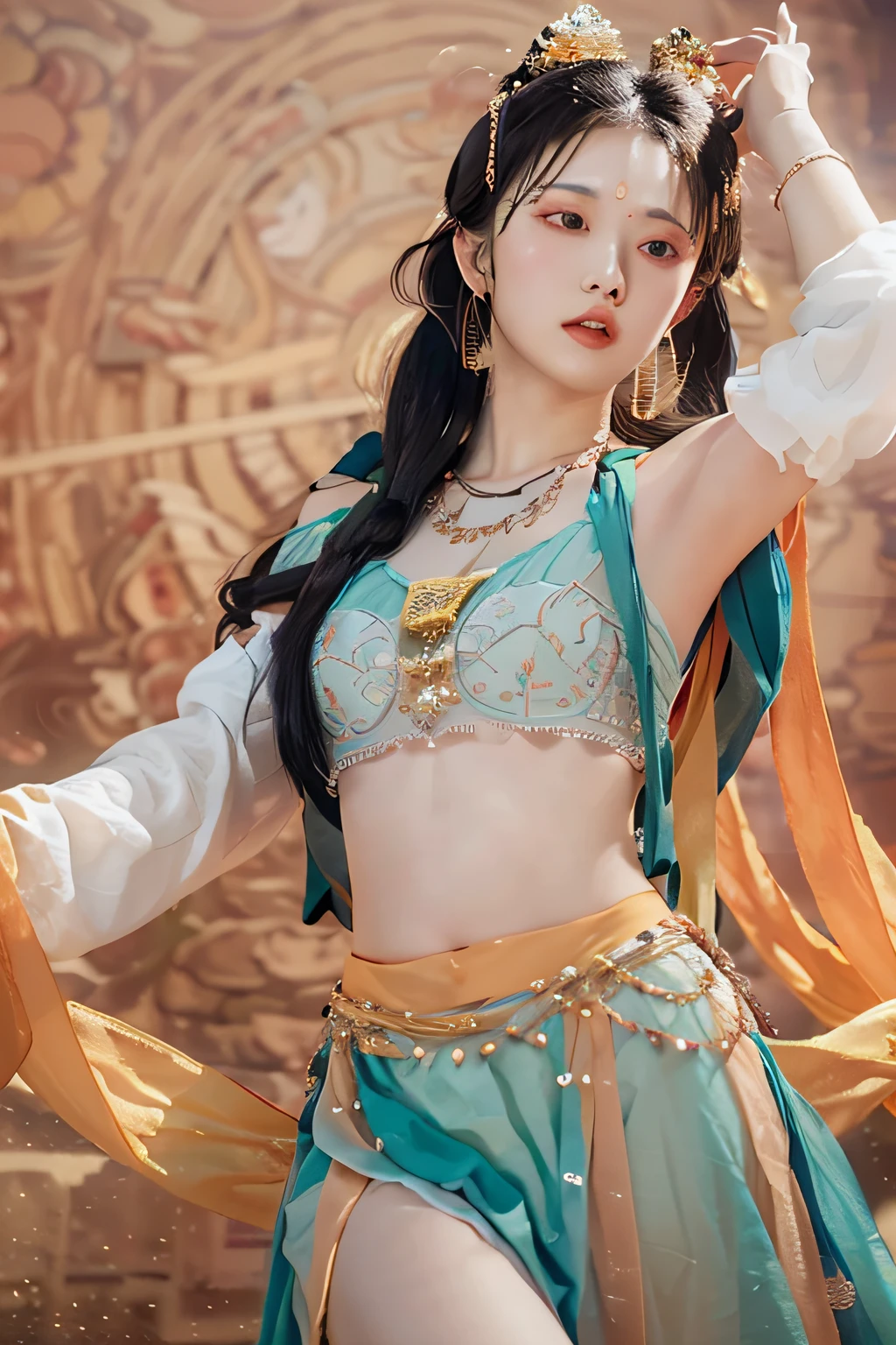 (8k, RAW photo, best quality, masterpiece:1.2), (realistic, photo-realistic:1.4), (extremely detailed CG unity 8k wallpaper), 1 girl solo, (from below:1.2), dance, dunhuang_dress, dunhuang_style, dunhuang_background,