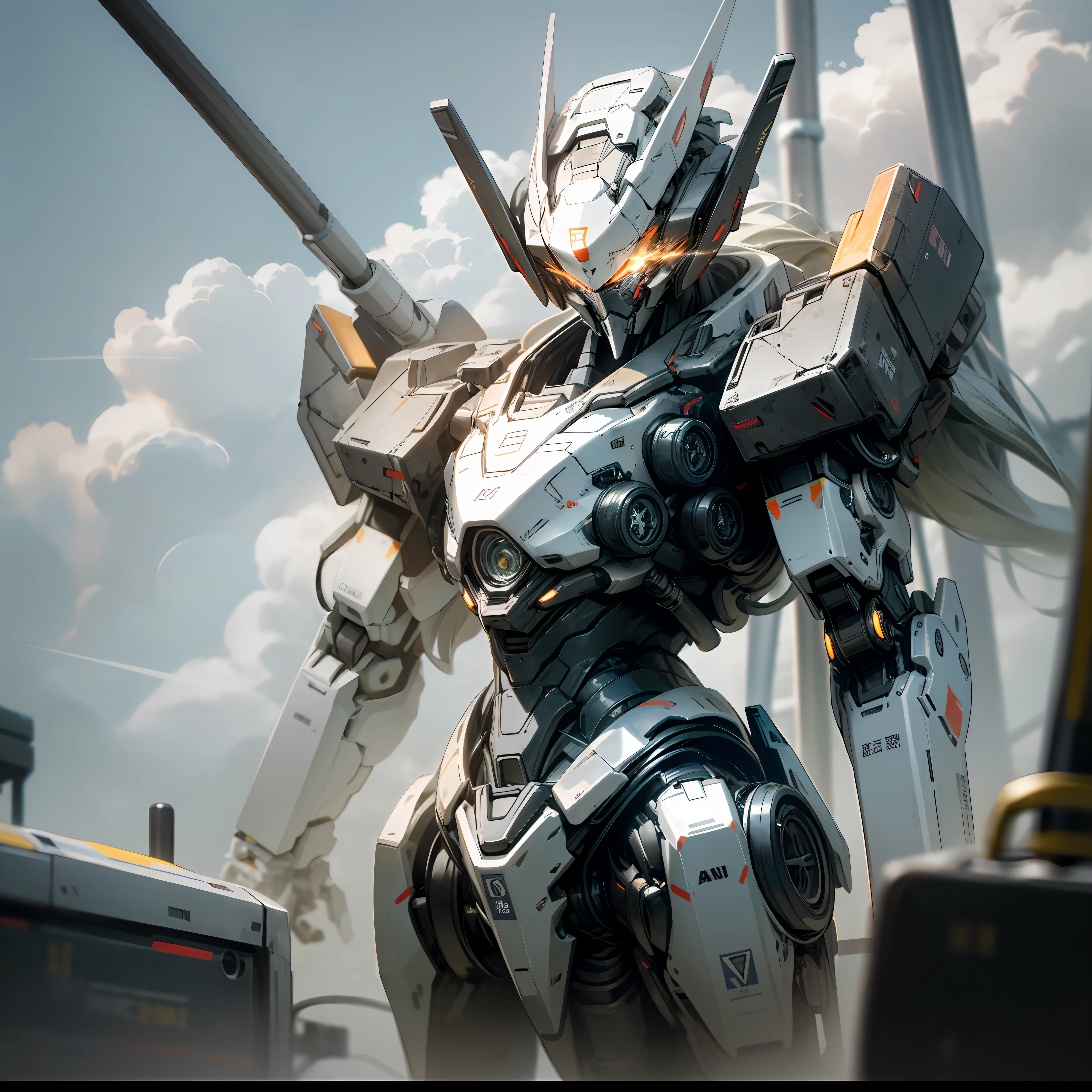 Alabi stood in front of a bus with a large gun, alexandre ferra white mecha, white color mecha, cool mecha style, 4k highly detailed digital art, Mecha suit, High quality digital concept art, ferra white mecha, mecha art, Alexander Ferra Mecha, mecha asthetic, female mecha, Mecha Inspiration