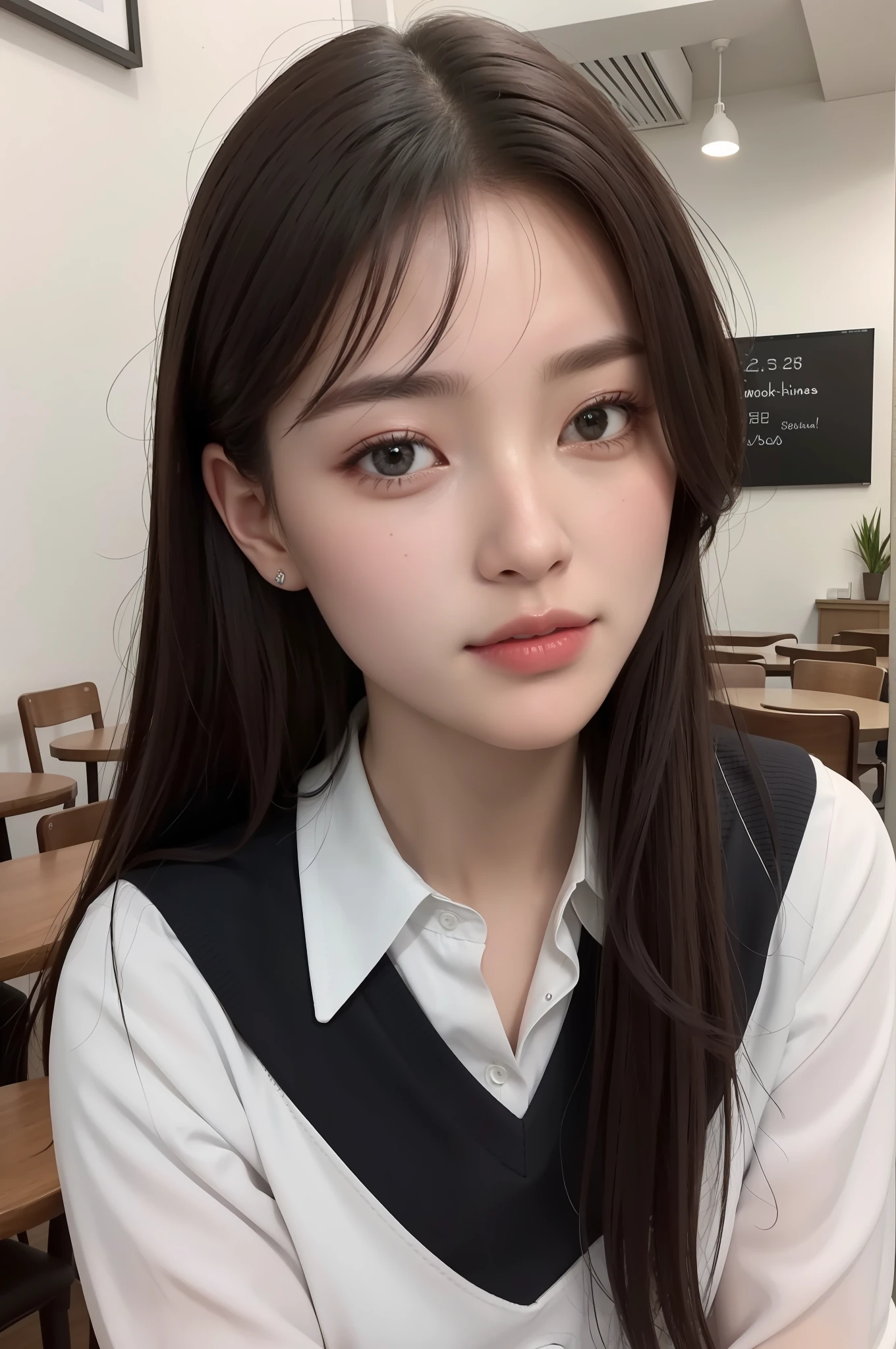 (best qualtiy:1.4), (tmasterpiece:1.4), (A high resolution:1.2), (The is very detailed:1.2), human body ratio,
1girll,18-year-old model,Wear a JK uniform,Black socks,Sit in the café,(Exquisite facial features:1.2),(highdetailskin:1.2),(photograph realistic:1.3),