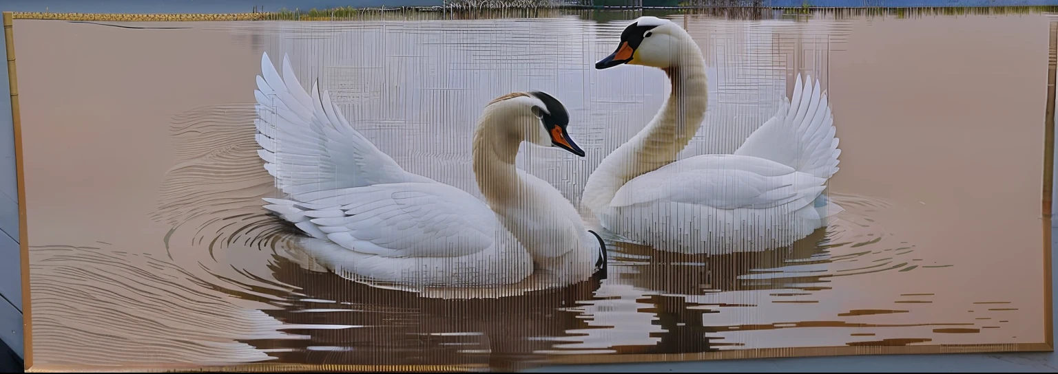 There are two swans swimming together in the pond, swans, two swans swimming on the lake, swans, 对称!!, 对称!, wings of a swan, Cross stitch, beautiful and graceful, Beautiful symmetry, ultra high pixel detail, author:Harold Sandys Williamson, gooses, Beautiful photo, coloured photo, author:Sava Shumanovich