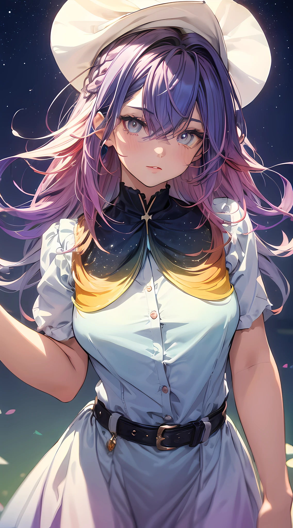 (gradient hair:1.6), dutch angle, film grain, chromatic aberration, starry sky, masterpiece, best quality, raw photo, photorealistic, absurdres, 1girl, cute, perspective, cowboy shot, highres, ultra detailed, finely detail, detailed eyes and face, sharp pupils, realistic pupils, sharp focus, summer, (white long dress:0.6)
