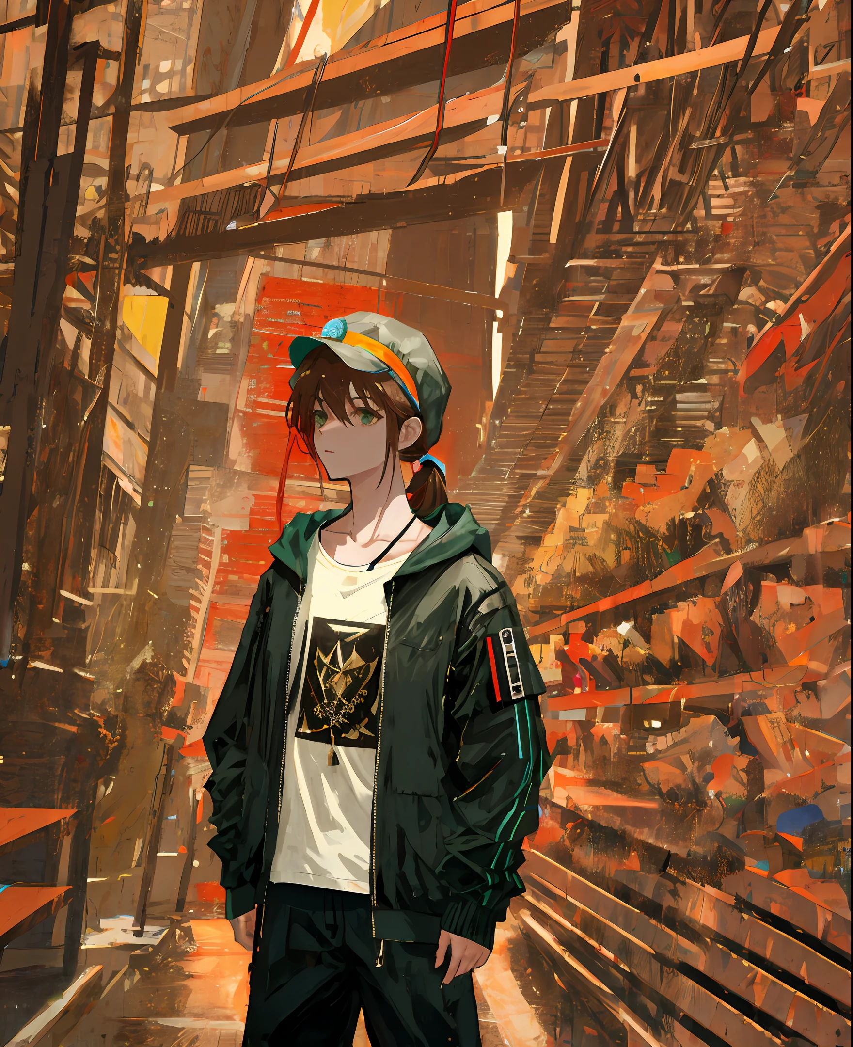 The fifth personality，a pregirl，2D，Neon Street，cyber punk perssonage，Black jacket and T-shirt，A hood is worn on his head，There are shackles around the neck，Low ponytail，Brown hair and green eyes，Long knife in hand，Wearing black trousers，Small chest，Thin stature，Clothing is not revealing，MAXIMUM DEFINITION，closeup cleavage，intricately details，perfectly proportions，Many-Layer Textures，Surface coloring，HighestQuali