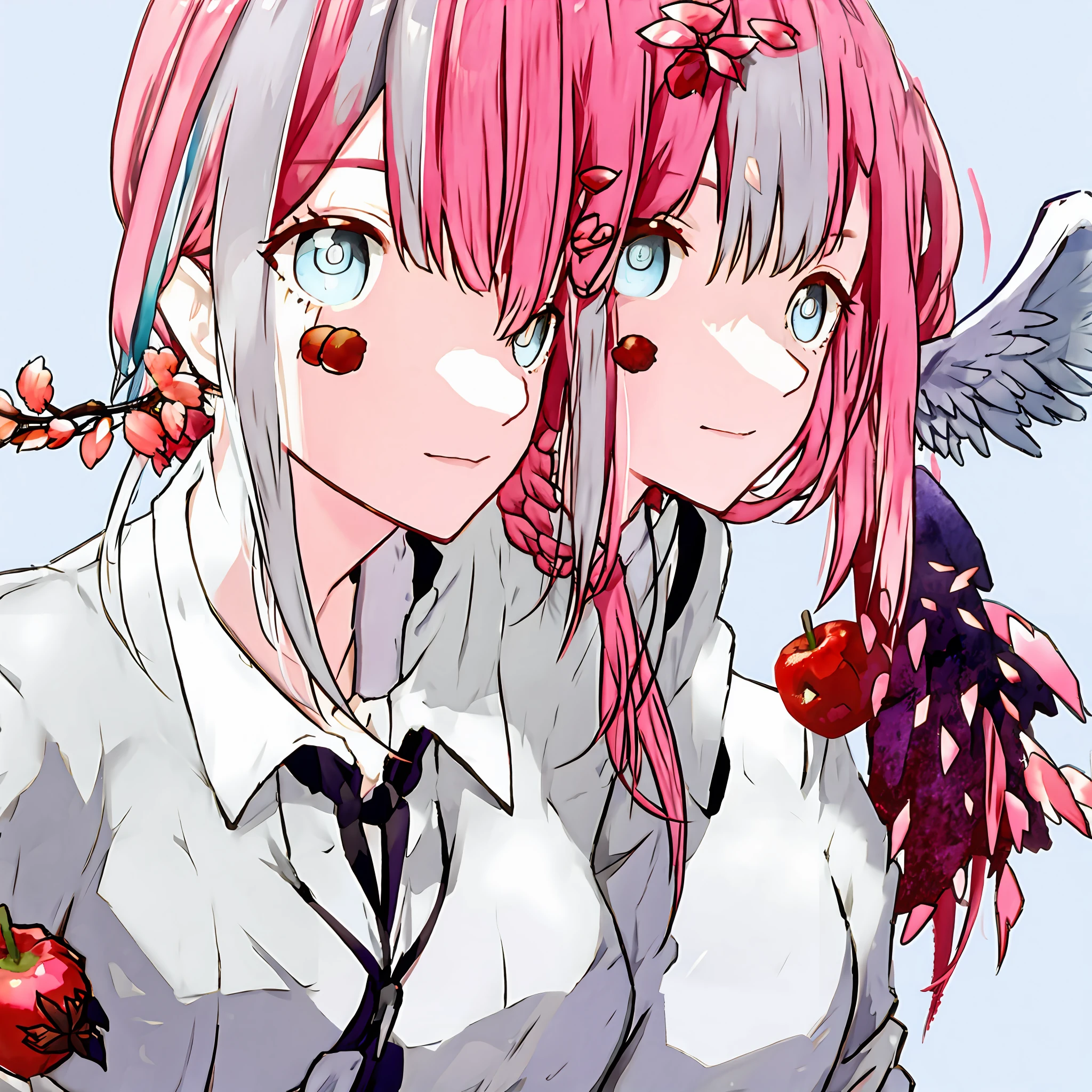 : apples、Be red in the face、cherrie、the fruits、full bodyesbian、Humanity、morango、Tomates、Beautiful and complex background、Blue perfect eyes、High-resolution face、White skin of the、Fantastic clear colors、Impressionist light and shadow、The two interact、Feathered wings、Clothes for white-haired characters turning into pink-haired characters