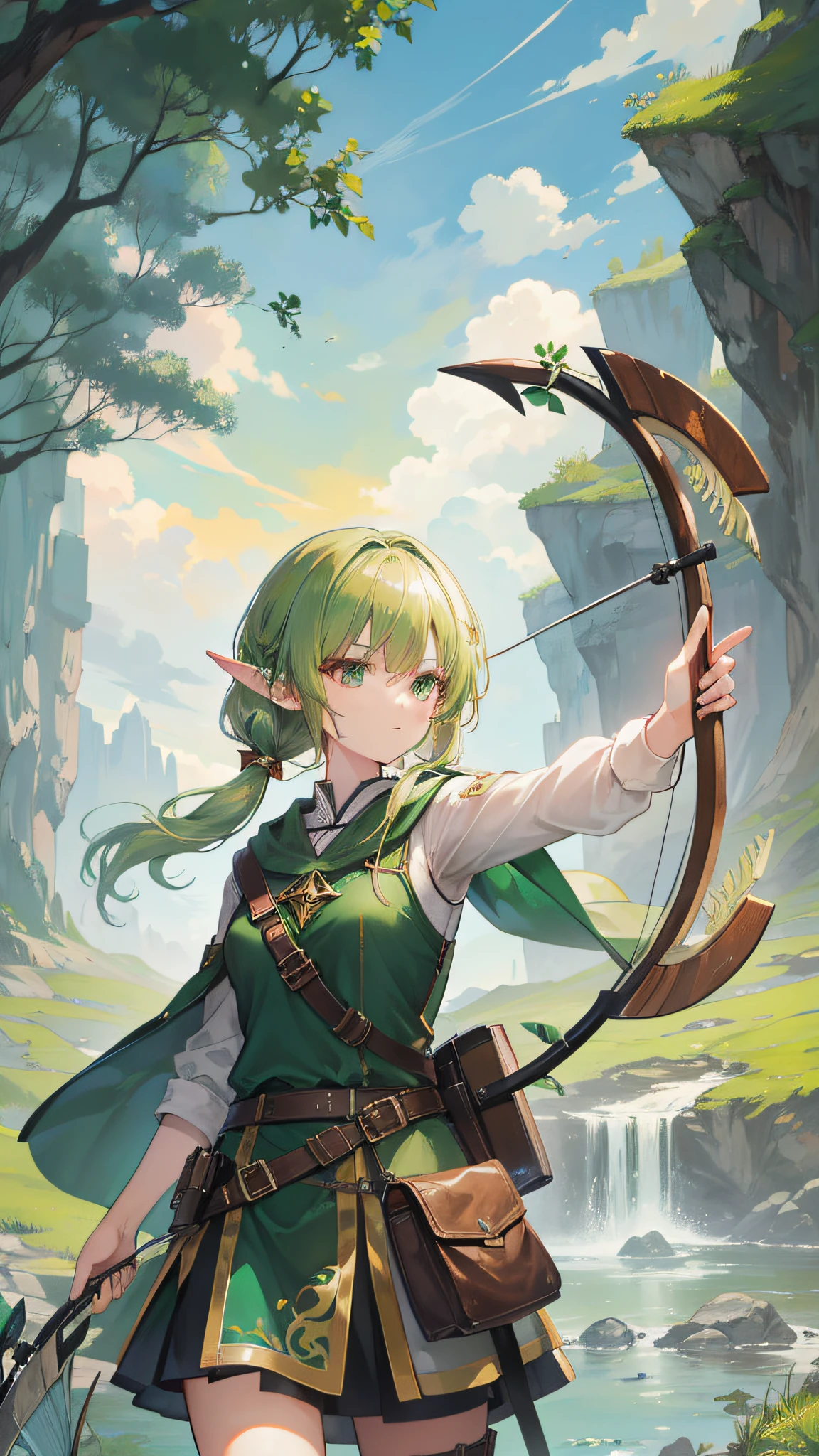 (The image quality of the work adapts automatically)Brown cowhide clothes,elvish ears,Green hair。The subject:She is a hunter,Bow and arrow in hand。
