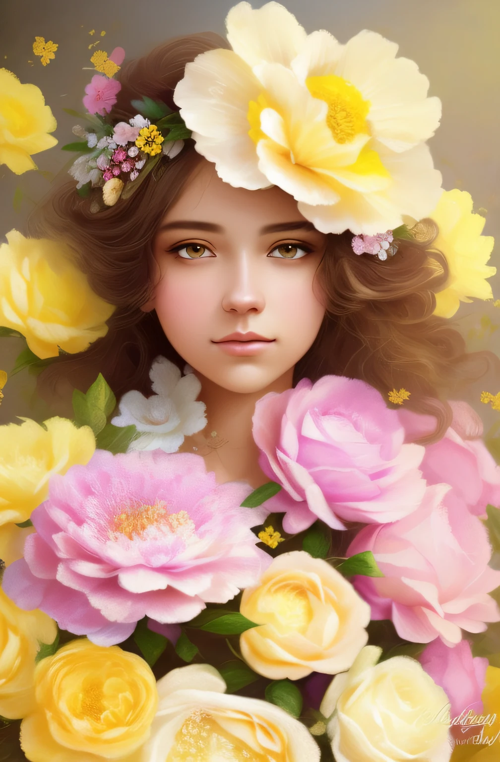 a woman with flowers in her hair and a wreath of flowers, woman in flowers, girl in flowers, flower goddess, covered with flowers, beautiful art, beautiful maiden, with flowers, covered in flowers, flowers on heir cheeks, gorgeous woman, beautiful gorgeous digital art, made of flowers, beautiful woman, beautiful yellow woman, painting of beautiful, she has a crown of flowers
