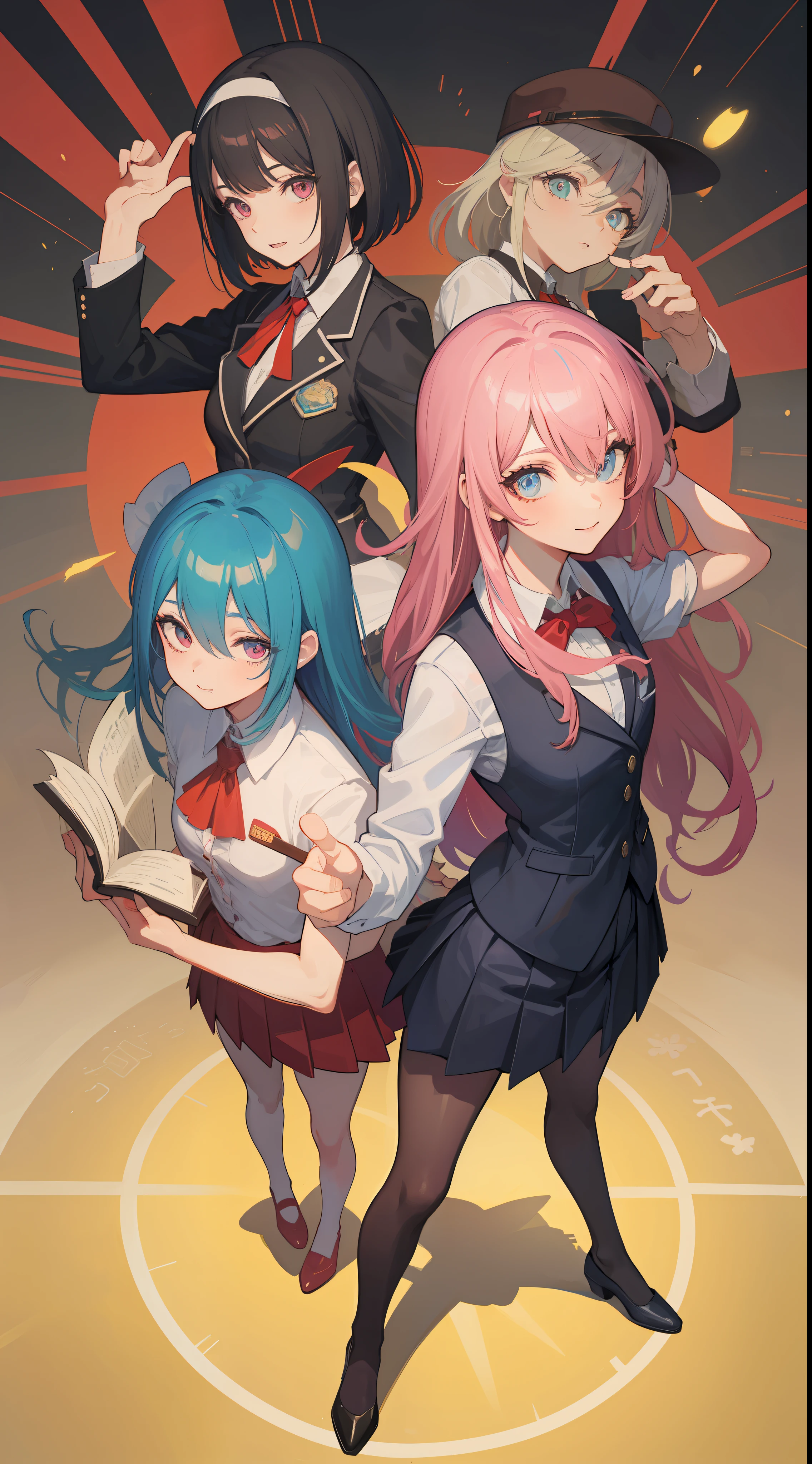 Anime characters dressed in business attire，Raise your left hand to hold the book, ssmile，concept art by Kamisaka Sekka, Pisif, Sots Art, ace attorney style, rimuru and milim, puce and vermillion, offcial art, vermillion and cyan, digital art from danganronpa, Stand straight to face the camera，Medium shots of the character, Official character art
Wait for it to start