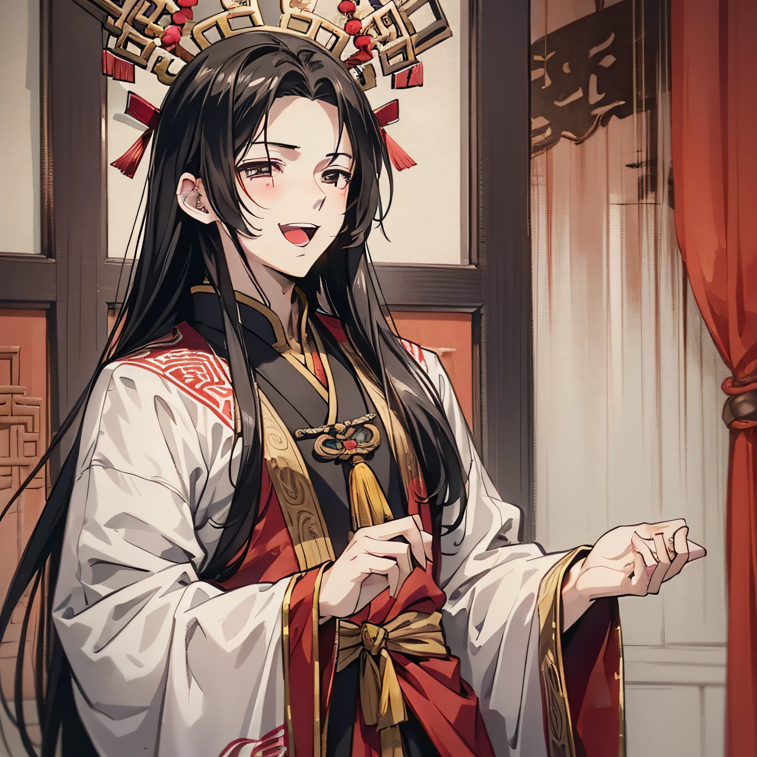 Ancient Chinese black long hair and about 18 years old anime young man wearing red wedding banquet Han costume, (happy expression 1.5) (open mouth laugh 1.2) (background is ancient Chinese room 1.5) anime style 4 K, anime rendering, anime style. 8k, handsome anime face, handsome costume boy (upper body display 1.5) (handsome boy 1.3) (movie light 1.5) vicissitudes 1.5