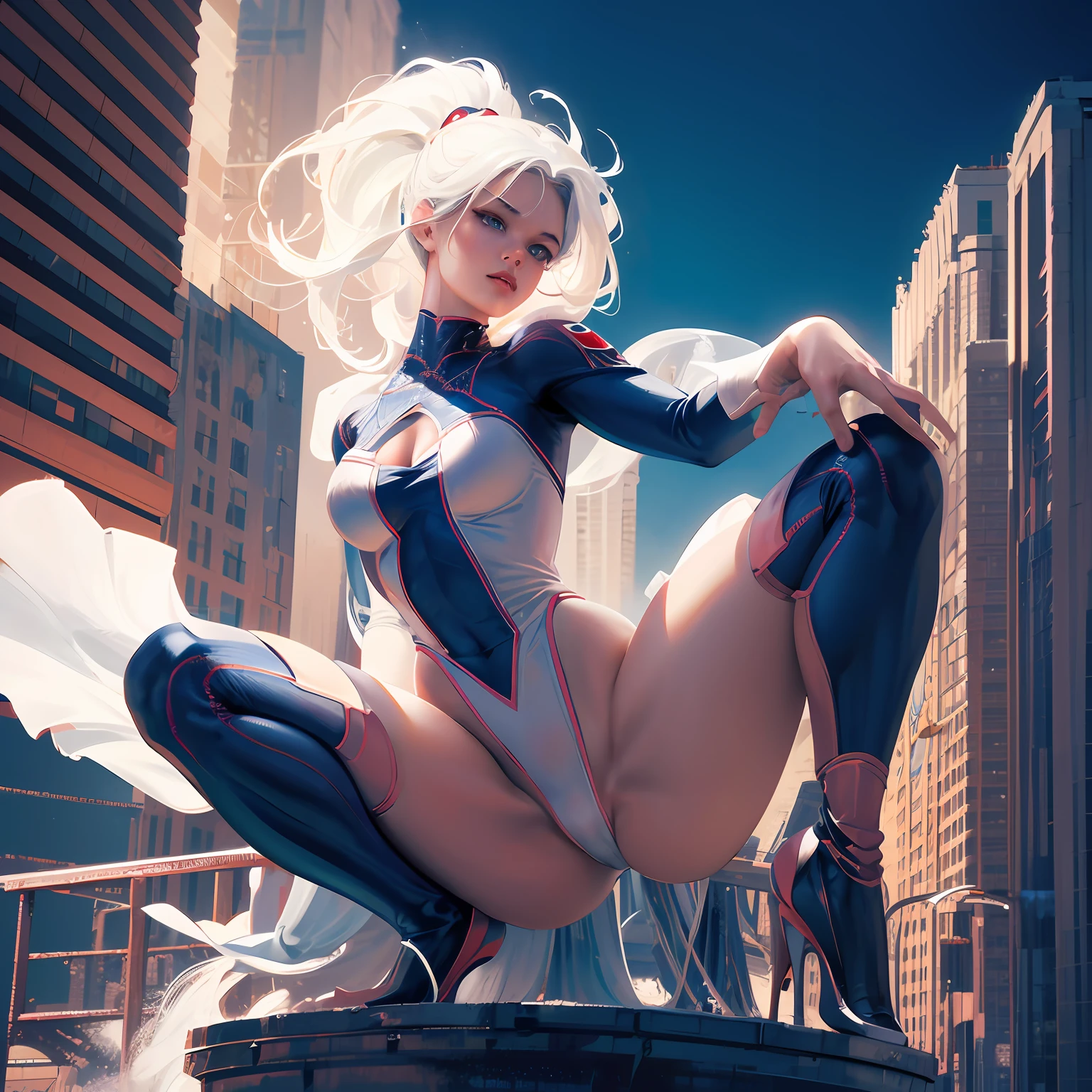 (Masterpiece, 4k resolution, ultra-realistic, very detailed), (White superhero theme, charismatic, there's a girl on top of town, wearing Spider-Man costume, she's a superhero), [ ((25 years), (long white hair:1.2), full body, (blue eyes:1.2), ((Spider-Man pose),show of strength, jumping from one building to another), ((sandy urban environment):0.8)| (cityscape, at night, dynamic lights), (full moon))] # Explanation: The Prompt mainly describes a 4K painting of ultra-high definition, very realistic, very detailed. It shows a superheroine at the top of the city, wearing a Spider-Man costume. The theme in the painting is a white superhero theme, the female protagonist has long white hair, is 25 years old and her entire body is shown in the painting. In terms of portraying the actions of superheroines, spiders are employed --auto