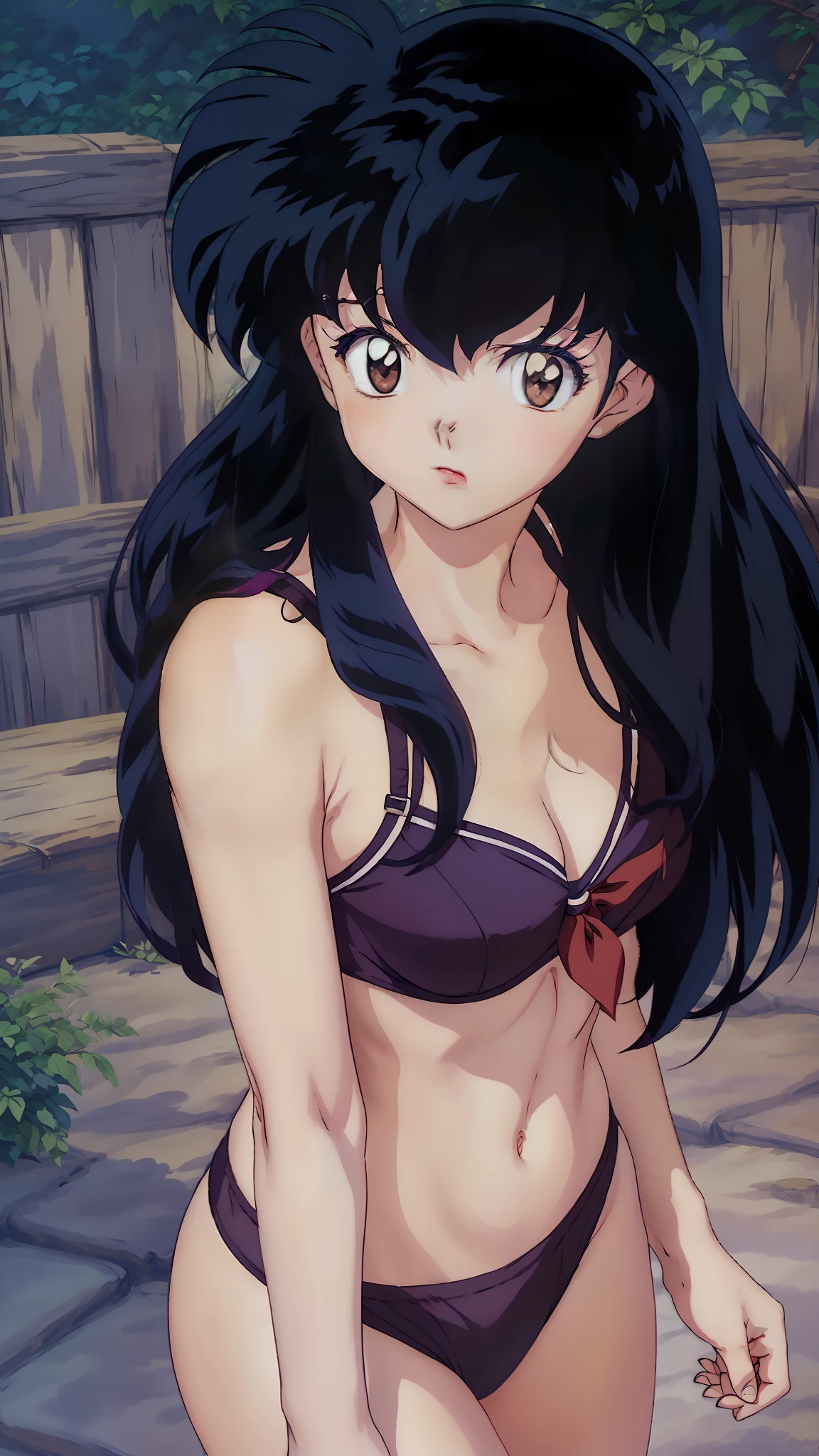 1girl in, Kagome Higurashi, brown-eyed, full bodyesbian, Photorealsitic, (hyper realisitic:1.2),in one's underwear only, Cute lingerie,  perfect  eyes, face perfect, Perfect litthing, plein air, warm colors, vila,