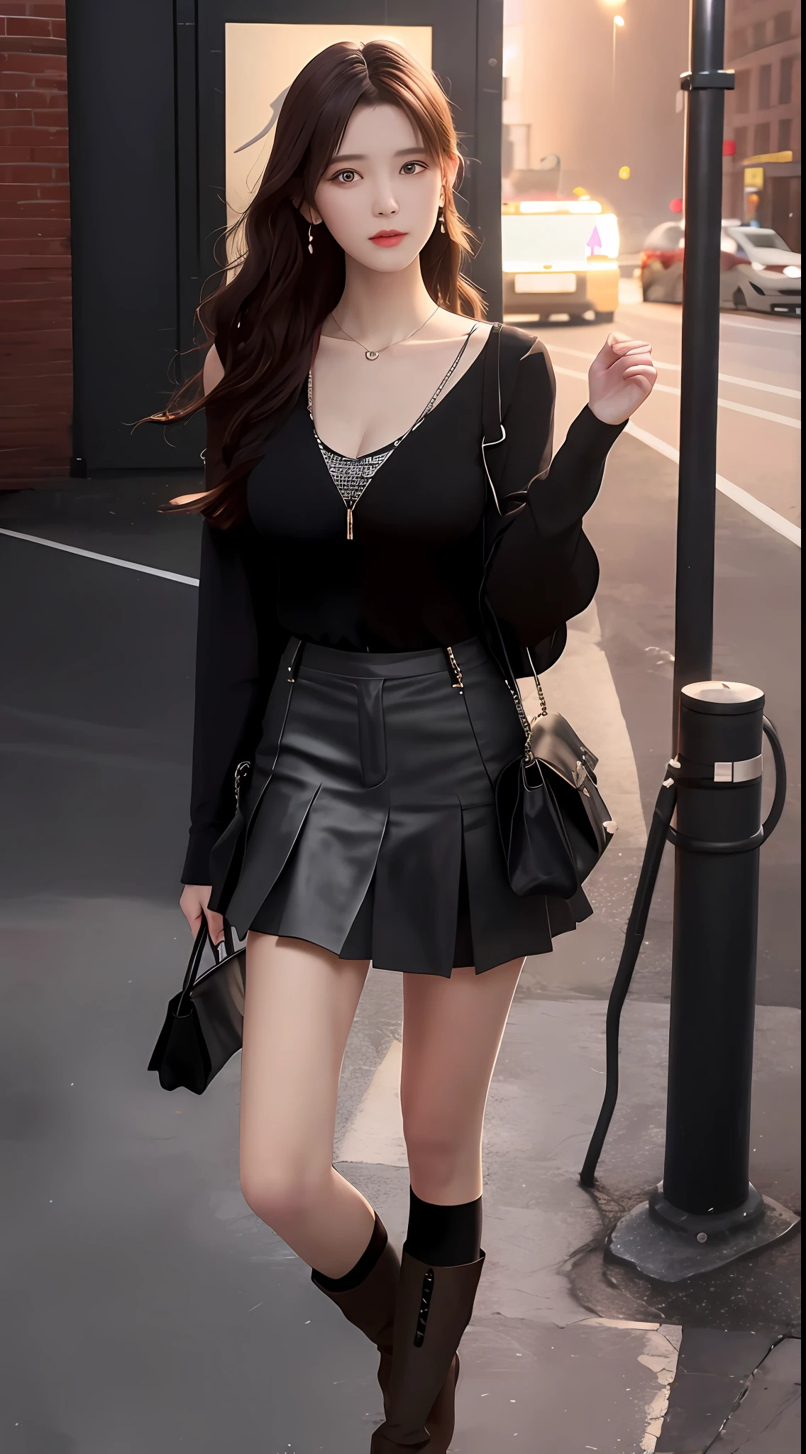 best qualtiy, tmasterpiece, 1girll, beauitful face, (photograph realistic:1.3), edge lit, (highdetailskin:1.2), 8K, Ultra HD, , high high quality, A high resolution, 4K, 8K, Bokeh, absurderes, Optimal proportions of four fingers and one thumb, (realisticlying:1.3), Cute 1girl, mediuml breasts, short skirt,longer sleeves