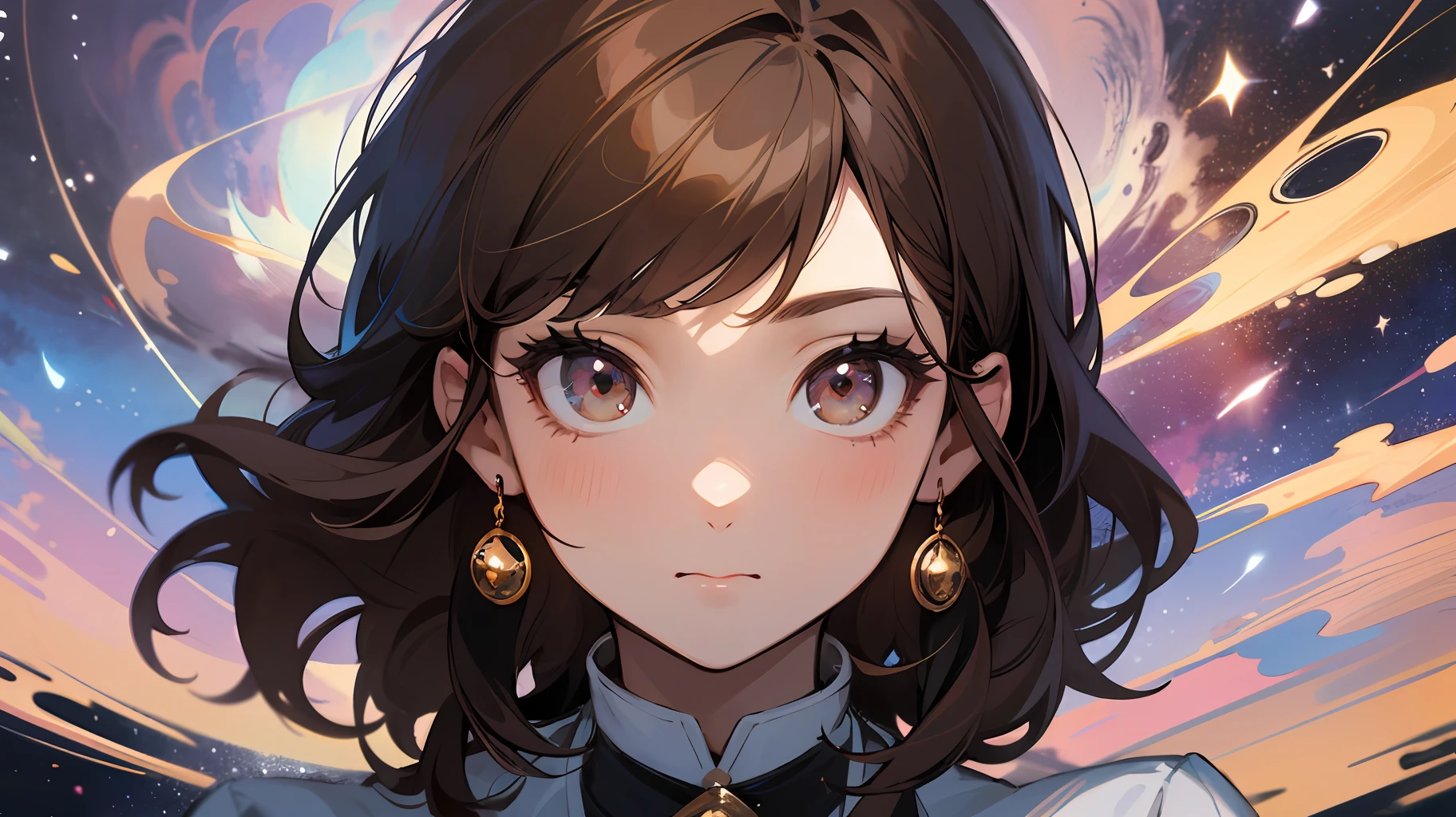 Best quality at best,tmasterpiece,(fidelity:1.2),1 girl,brown hair,with brown eye,frontage,A detailed face,beautidful eyes,With a magnifying glass,in the cosmos