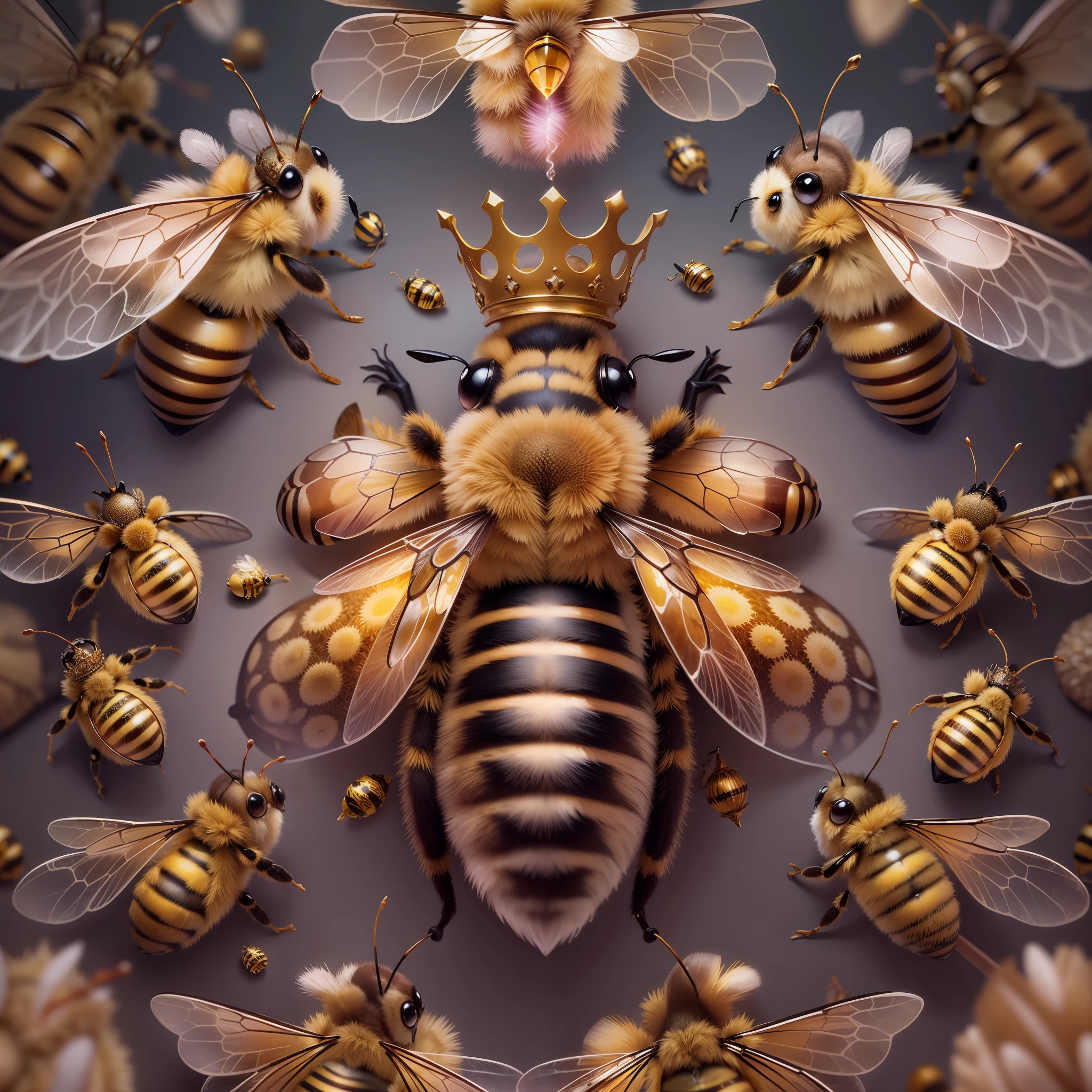 Zoom in on an animal queen bee with a crown above the head, representing their real position.