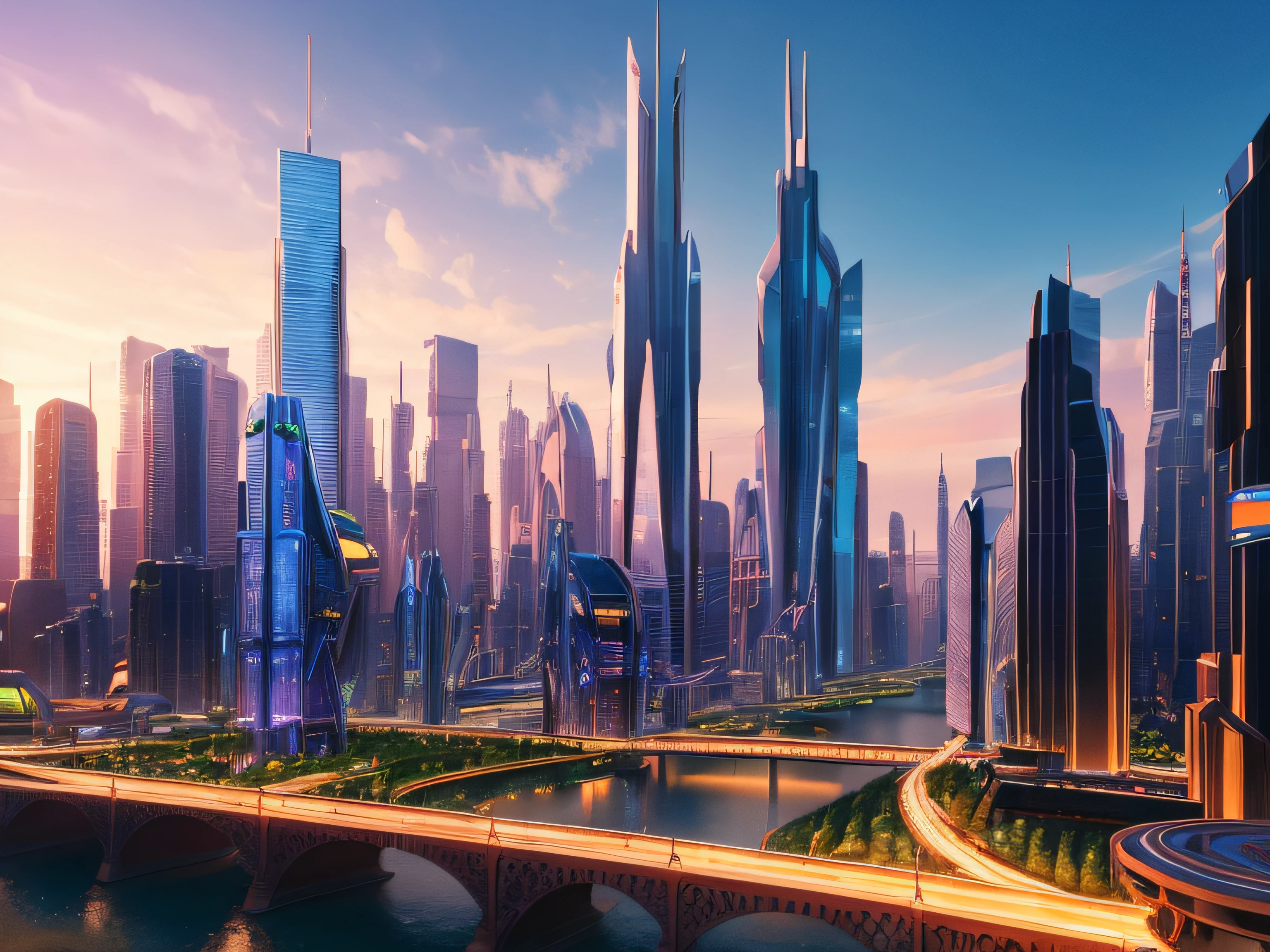 a Pixar 3D render of a superfuturistic world, taking inspiration from artist JKL. The scene showcases a meticulously detailed cityscape with futuristic architecture, advanced transportation systems, and futuristic infrastructure. The colors are vibrant and crisp, with realistic lighting and reflections. The characters in the scene exhibit a sense of awe and curiosity. The lighting is dynamic, casting realistic shadows and highlighting the intricate details.