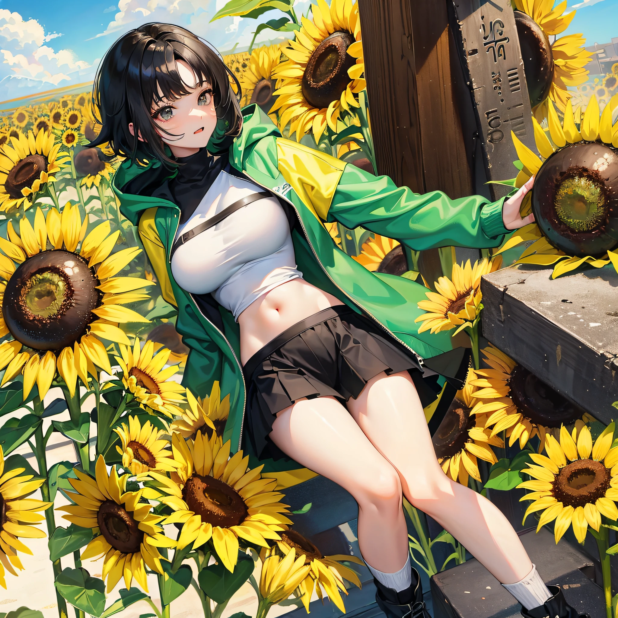 with short black hair，teens girl，cheerful big breasts，Sunflower Sea，quadratic element，anime big breast，freshen，Green sweatshirt，hooding --auto